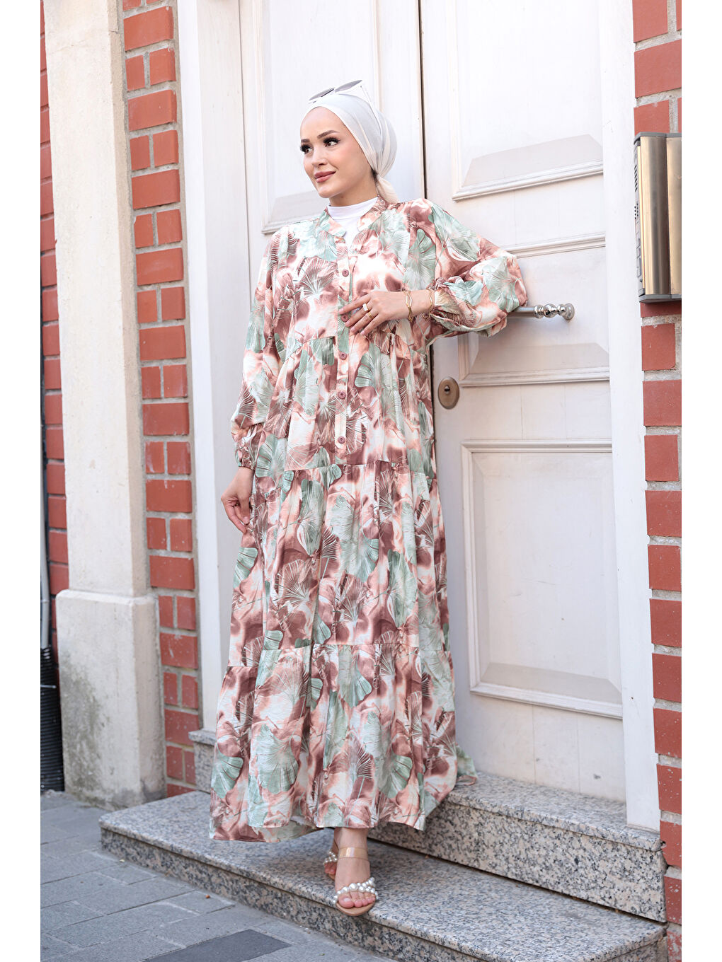 Kadın Yaprak Desen Elbise Kahverengi