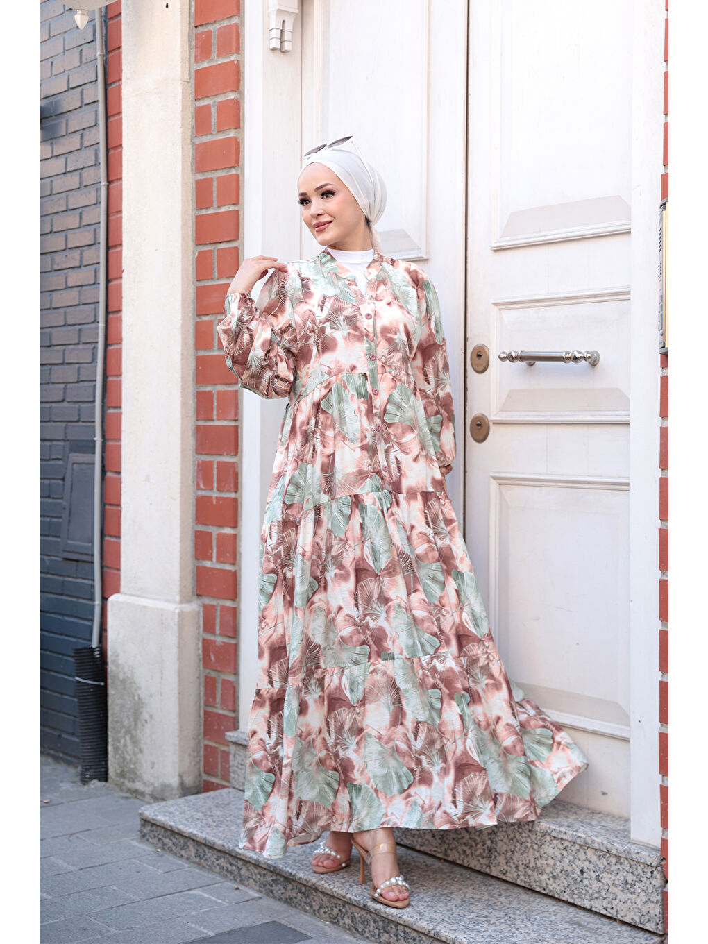 Kadın Yaprak Desen Elbise Kahverengi-1