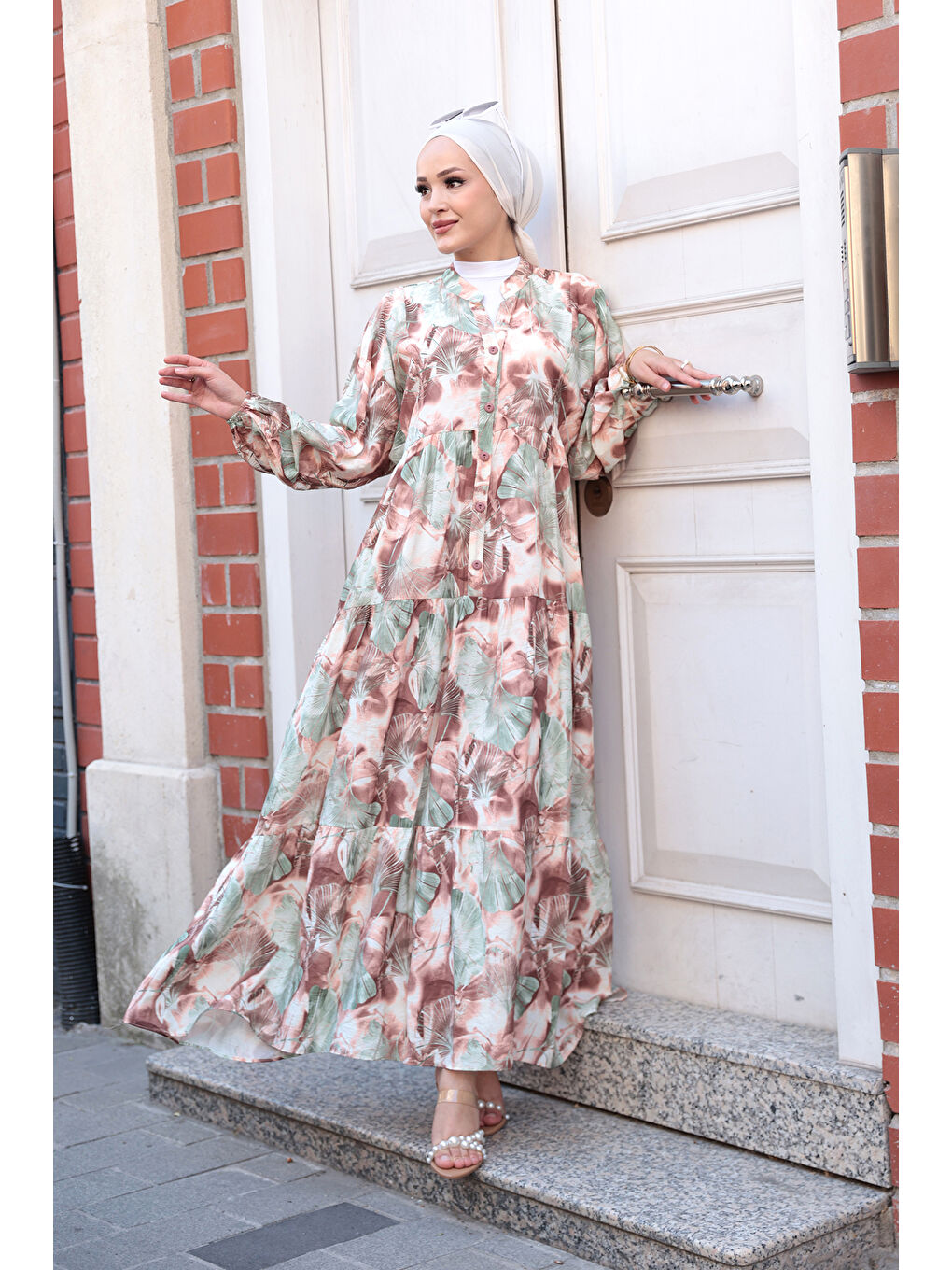 Kadın Yaprak Desen Elbise Kahverengi-2