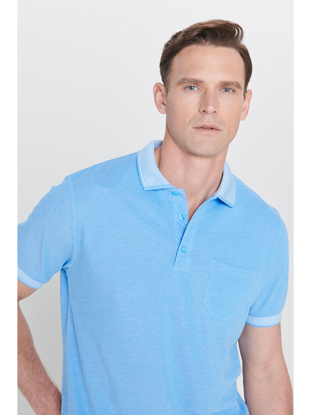 Erkek Mavi Pamuklu Comfort Fit Rahat Kesim Polo Yaka Cepli Tişört-4