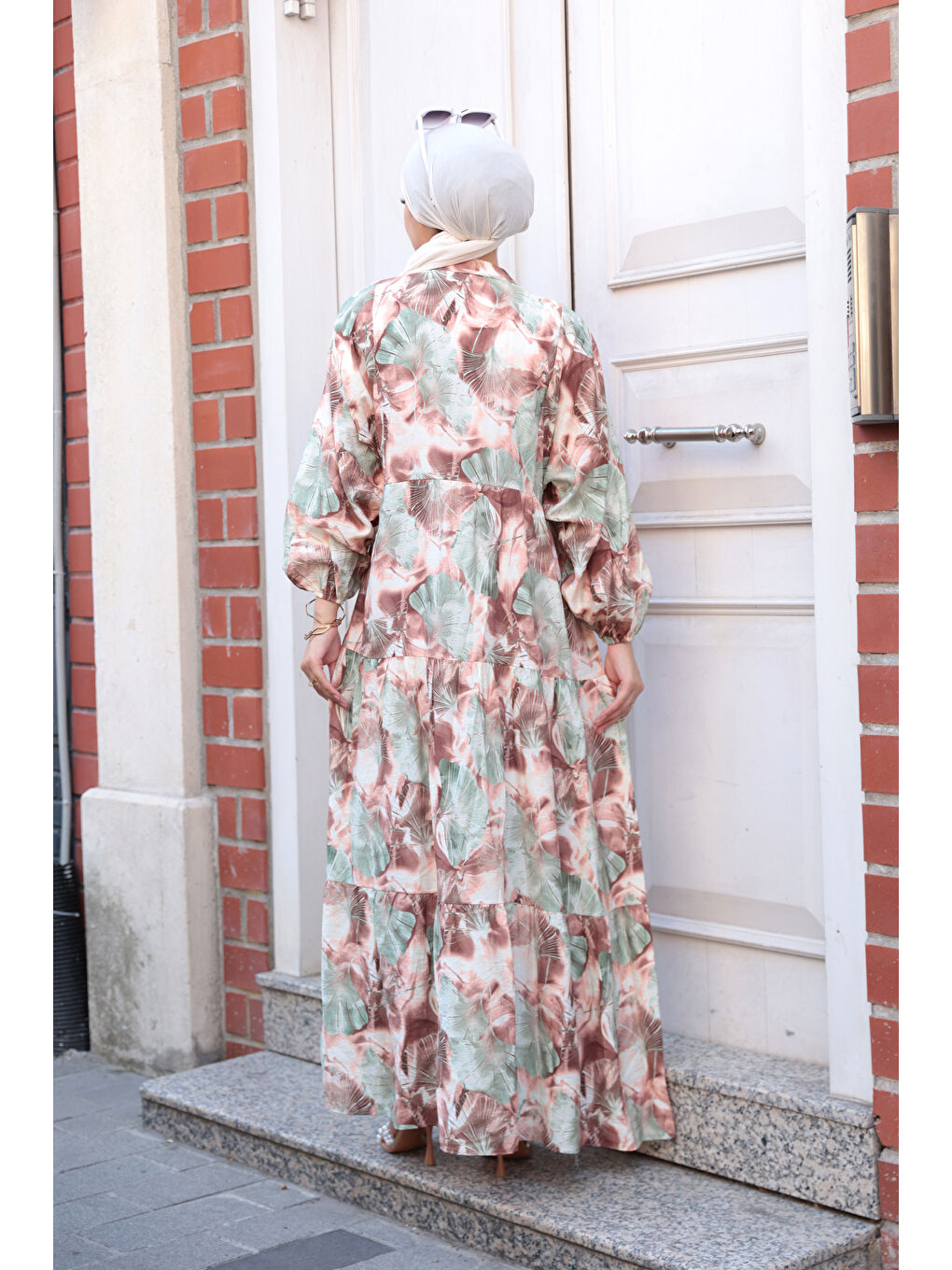 Kadın Yaprak Desen Elbise Kahverengi-4