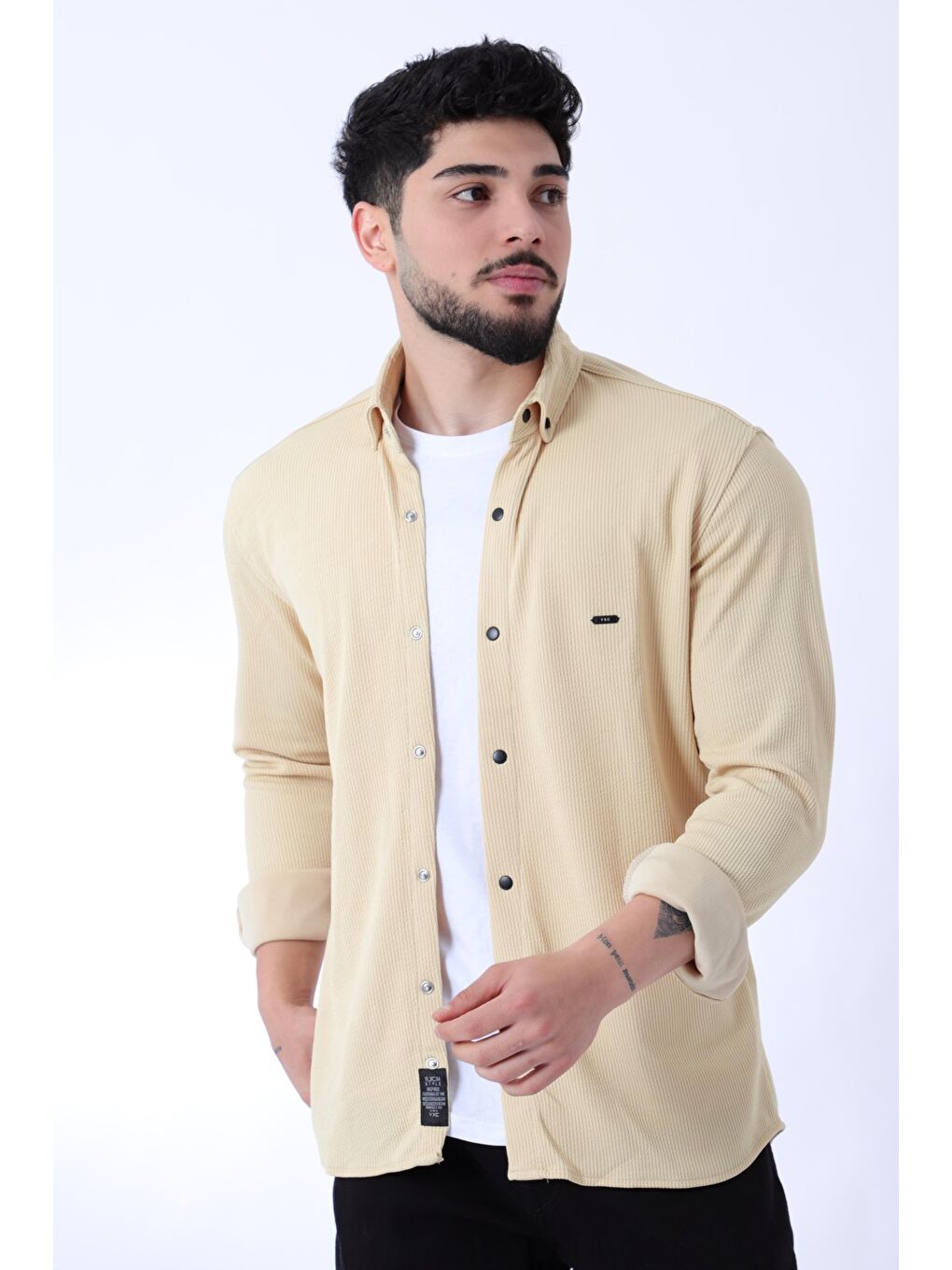 Stilkombin Krem Düz Slim Fit Örme Gömlek XC U16788_40297 - 1