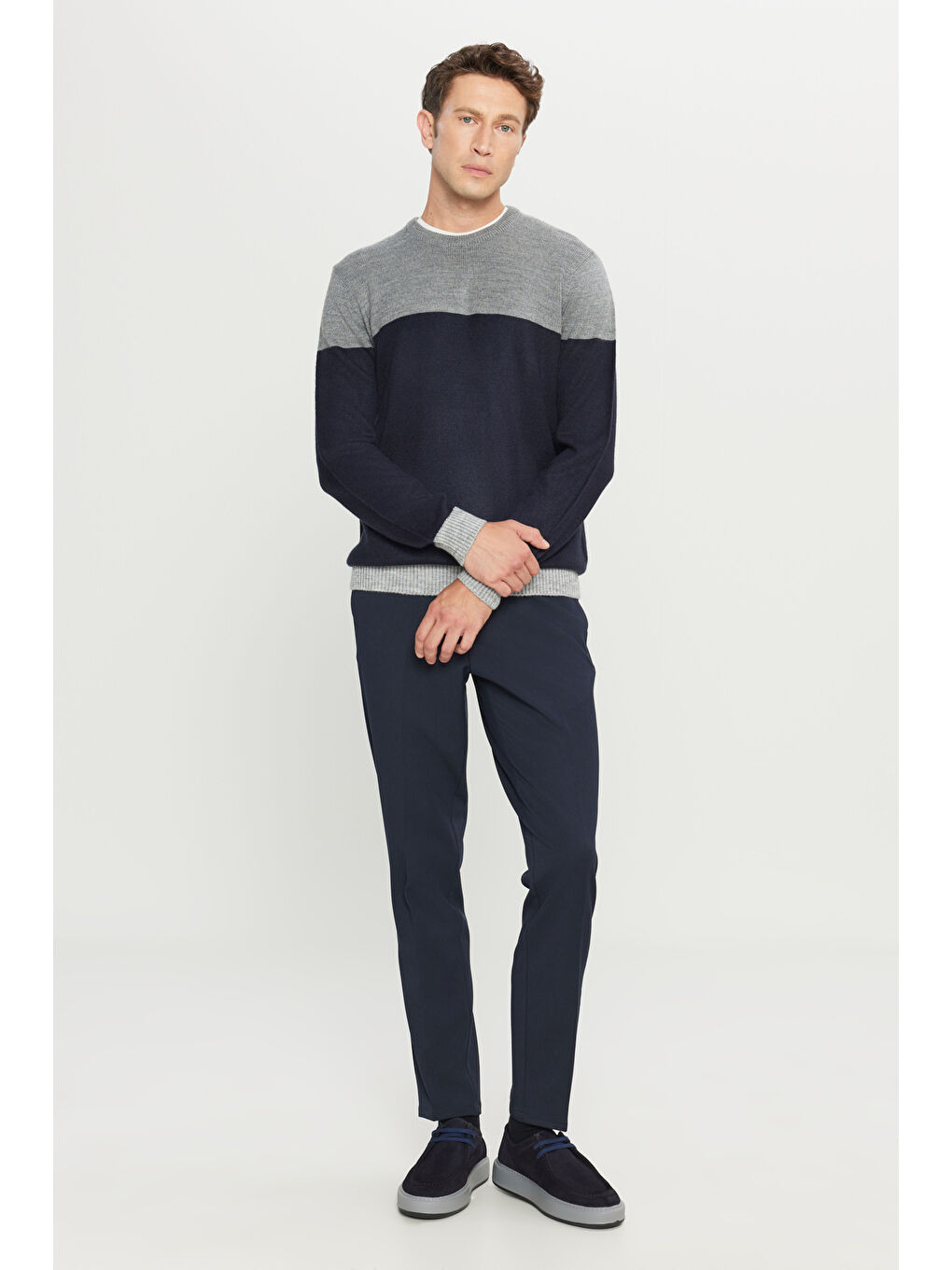 Erkek Lacivert-Gri Melanj Standart Fit Normal Kesim Bisiklet Yaka Triko Kazak-1