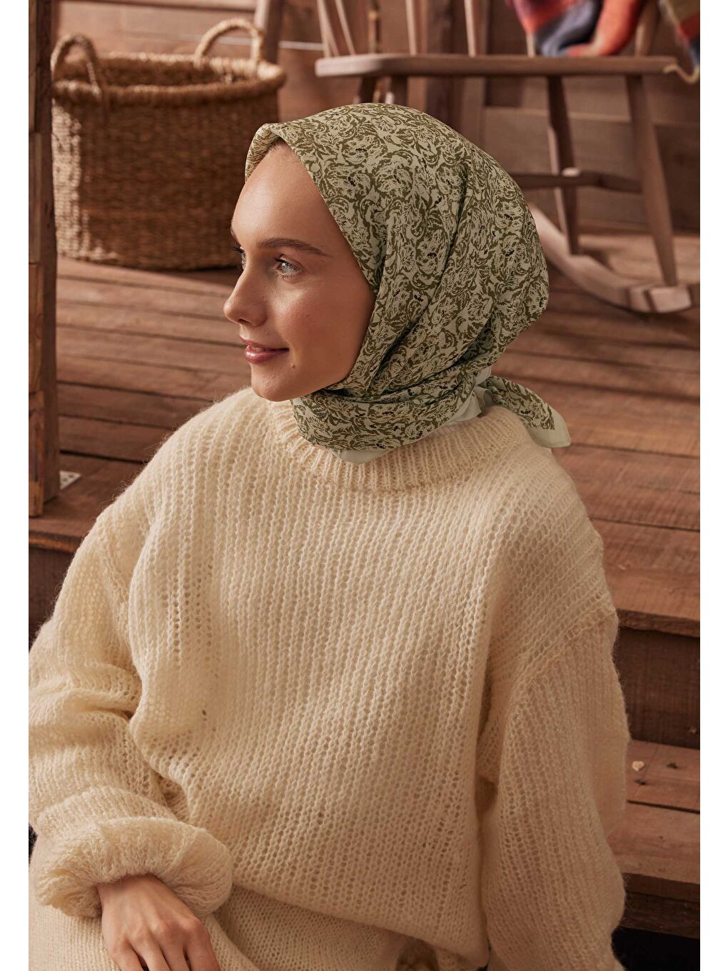 Mıa Desen Pamuk İpek Eşarp Soft Yeşil