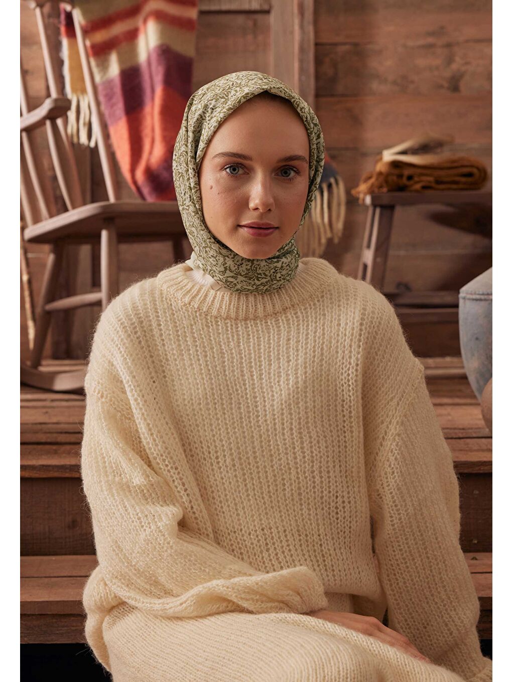 Mıa Desen Pamuk İpek Eşarp Soft Yeşil-1