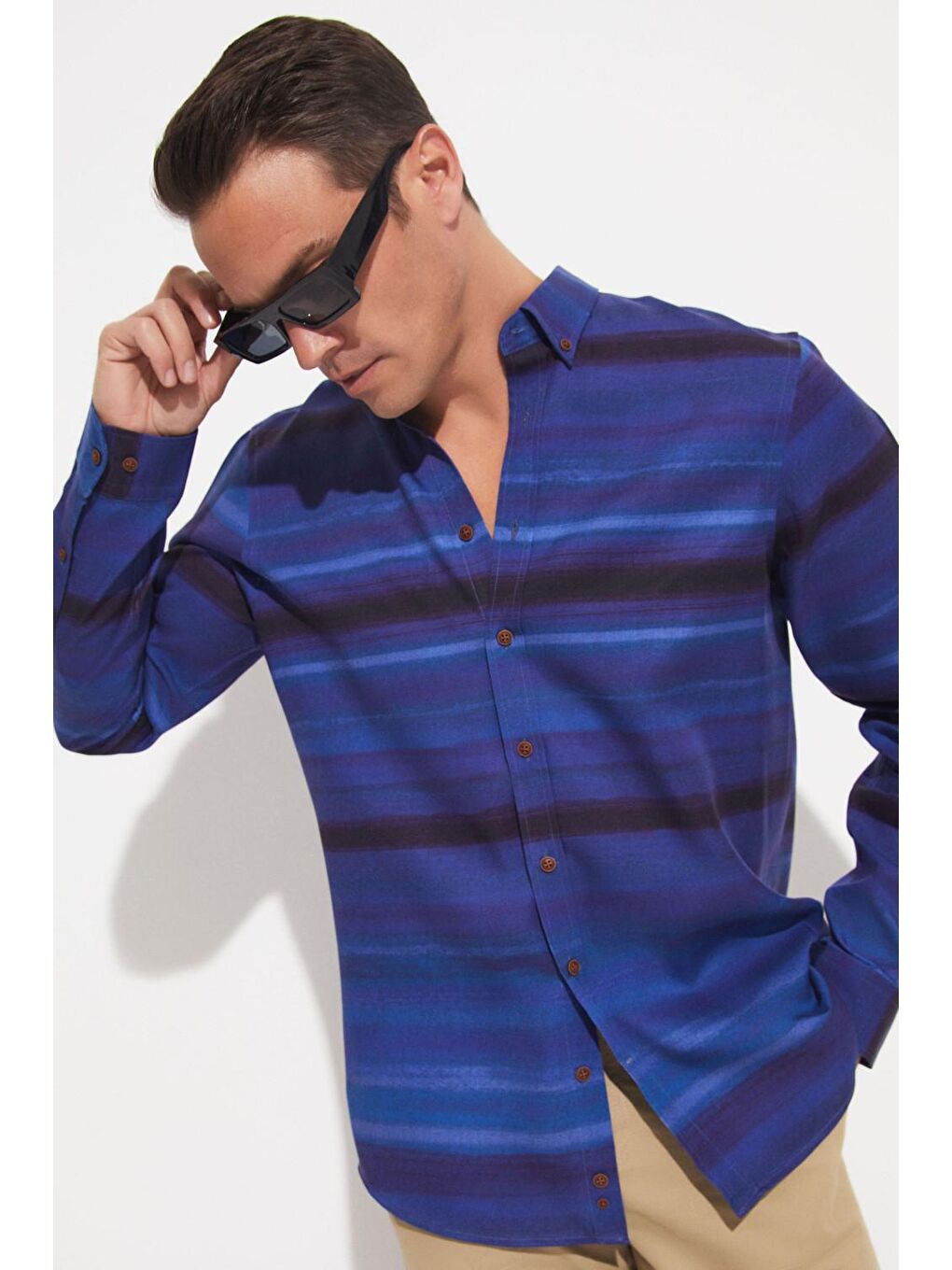 Lacivert Uzun Kollu Erkek Gömlek-1