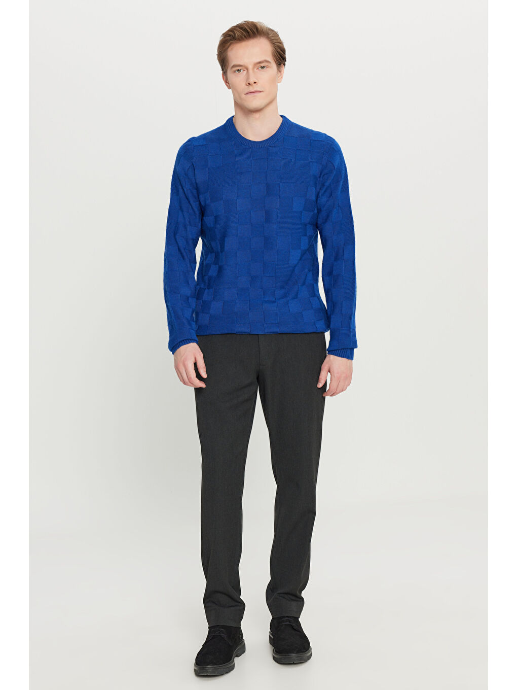 Mavi Erkek Saks Standart Fit Normal Kesim Bisiklet Yaka Jakarlı Triko Kazak-1