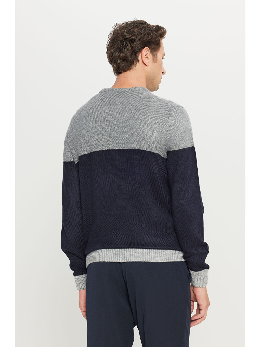 Erkek Lacivert-Gri Melanj Standart Fit Normal Kesim Bisiklet Yaka Triko Kazak-4