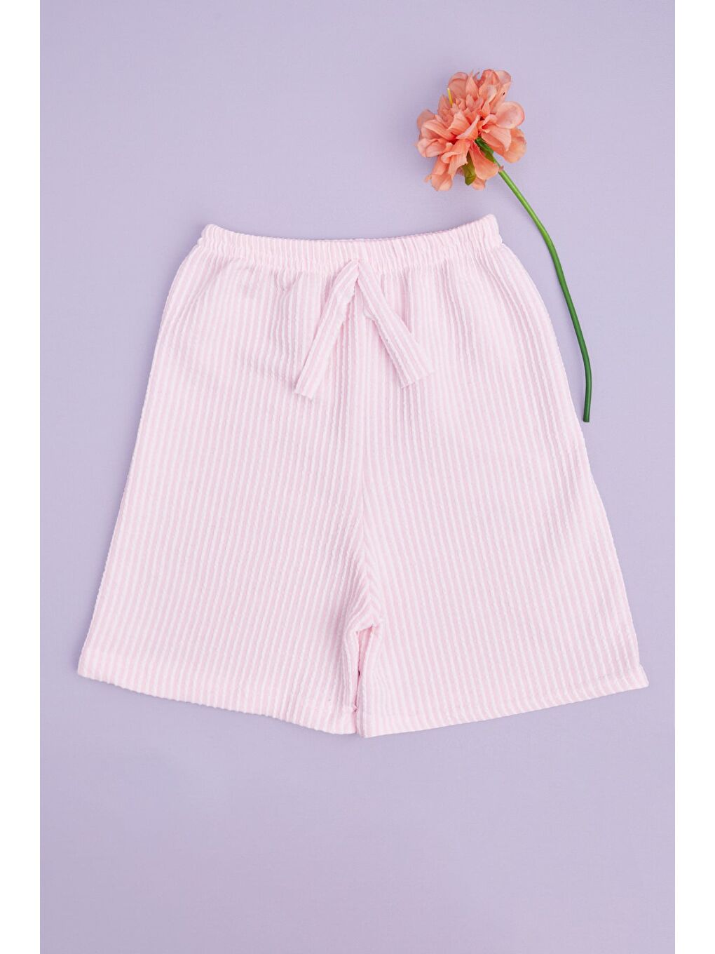 Pembe Beli Lastikli Çizgili Kız Çocuk Şort
