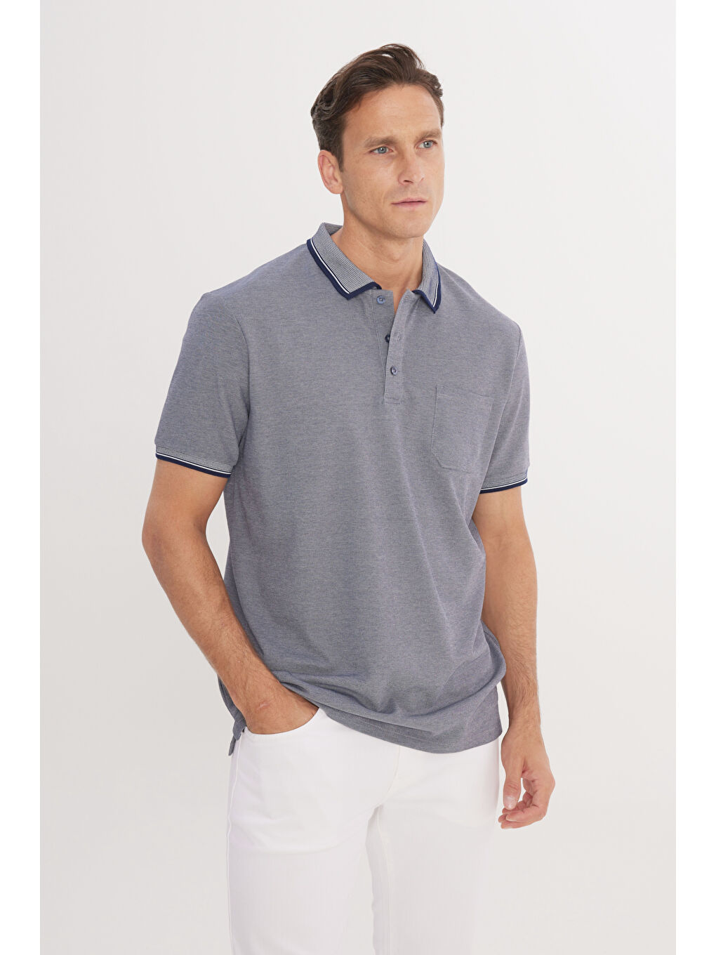 Erkek Lacivert Pamuklu Comfort Fit Rahat Kesim Polo Yaka Cepli Tişört