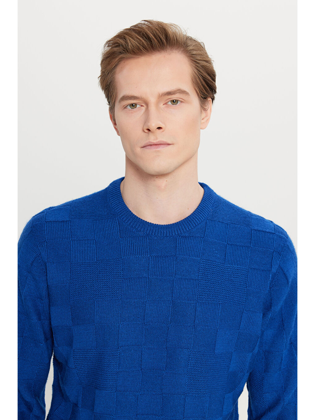 Mavi Erkek Saks Standart Fit Normal Kesim Bisiklet Yaka Jakarlı Triko Kazak-3