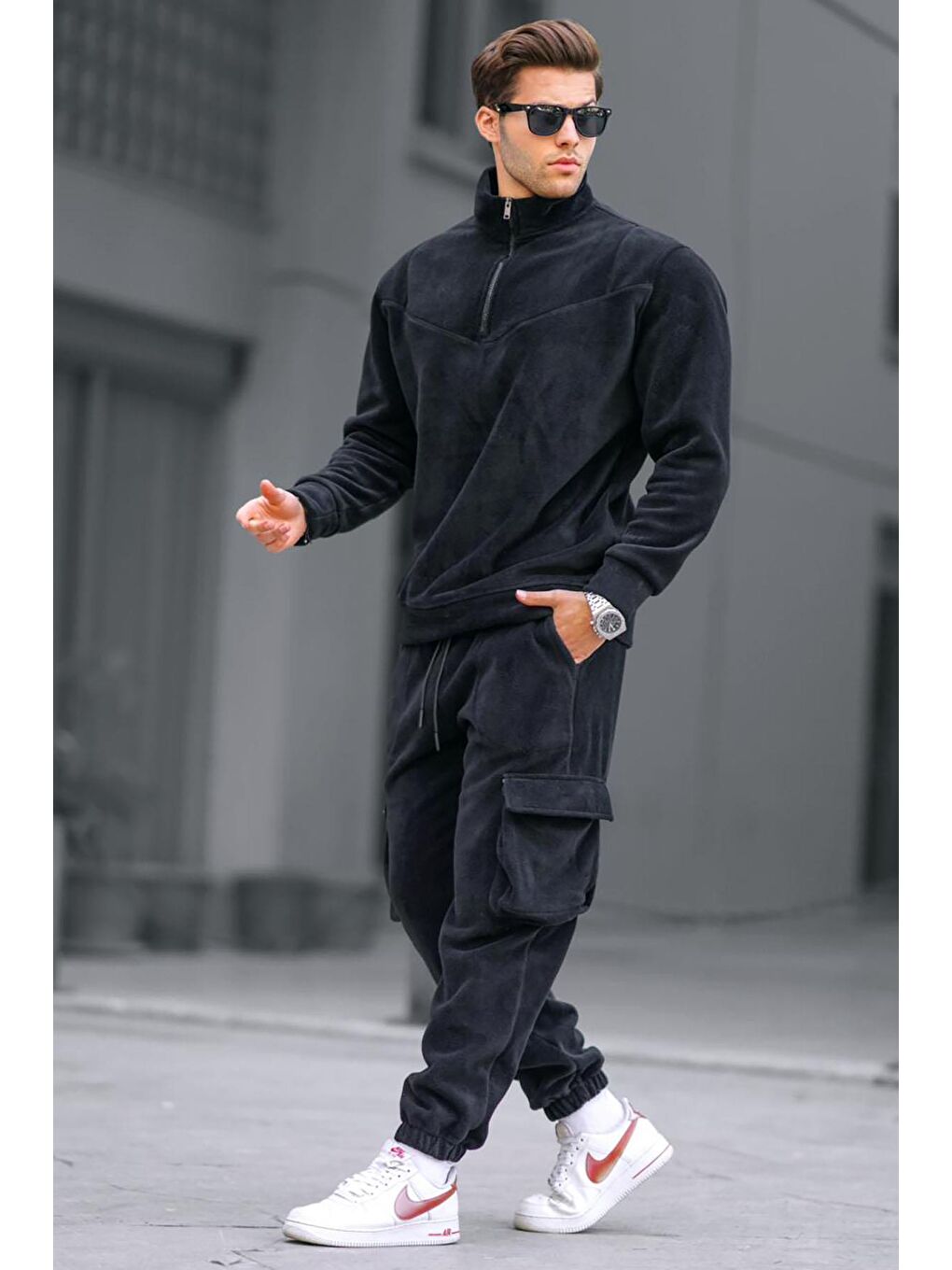 Siyah Fermuar Yaka Polar Erkek Eşofman Takımı 5931-1