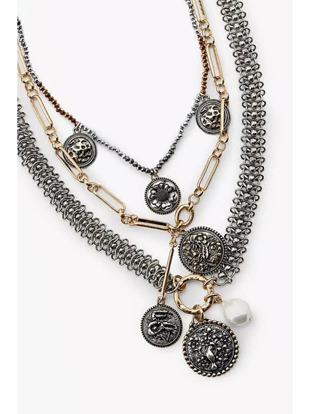 Sarı Marka Antik Gümüş 3 Sıralı Madalyon Kolye-2