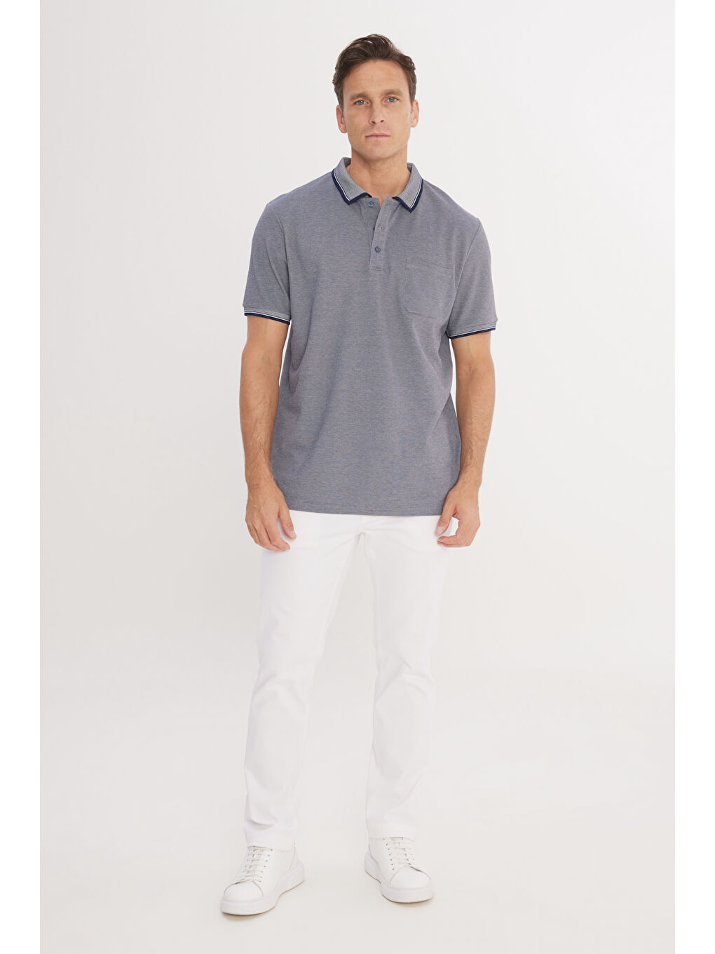 Erkek Lacivert Pamuklu Comfort Fit Rahat Kesim Polo Yaka Cepli Tişört-1