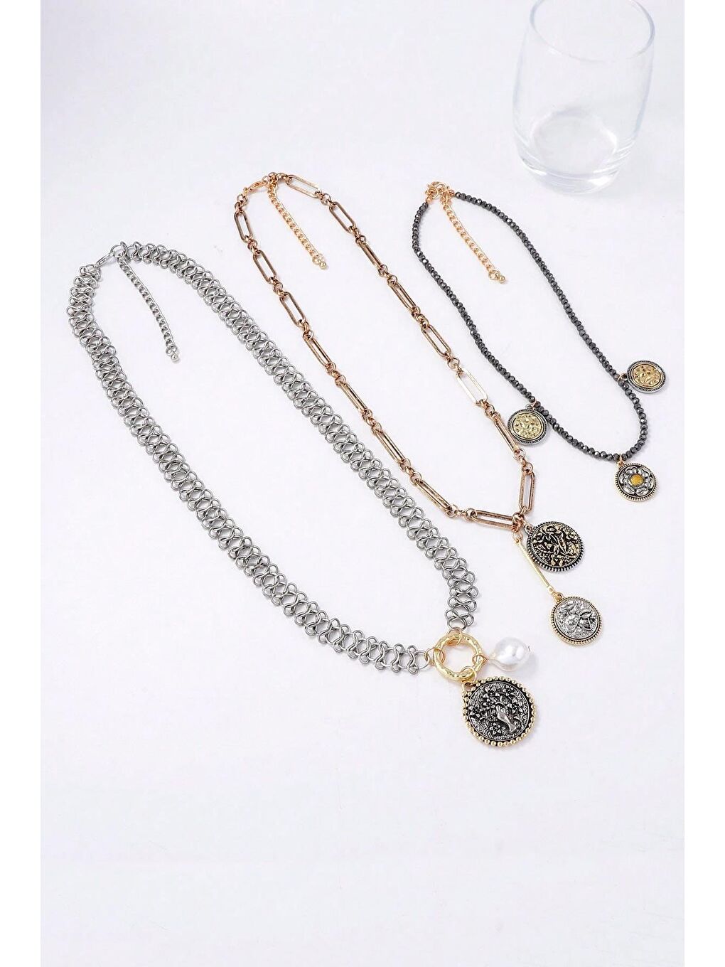 Sarı Marka Antik Gümüş 3 Sıralı Madalyon Kolye-3