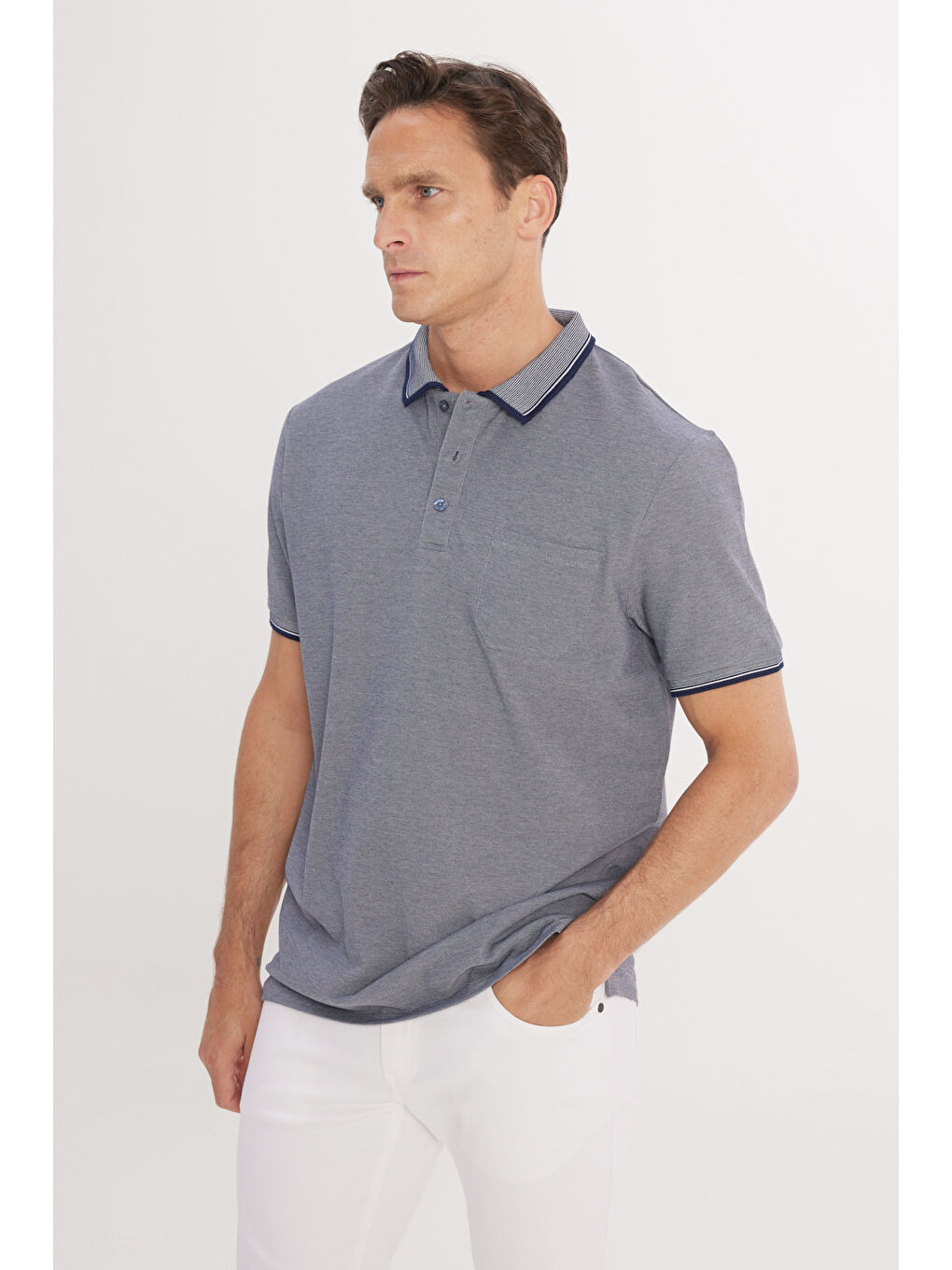 Erkek Lacivert Pamuklu Comfort Fit Rahat Kesim Polo Yaka Cepli Tişört-2