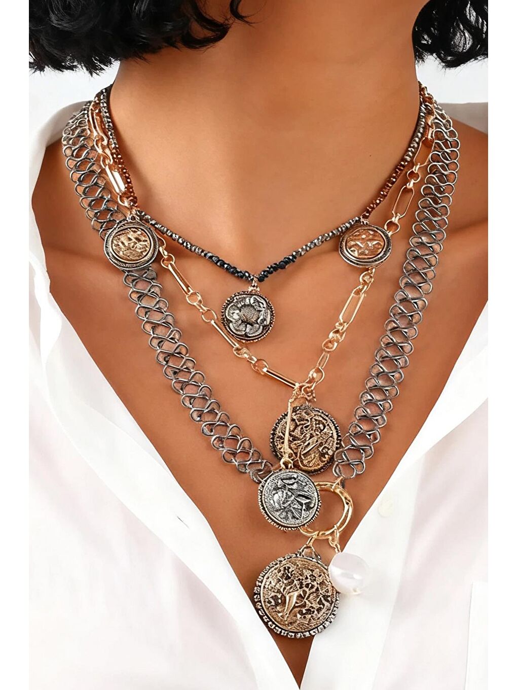 Sarı Marka Antik Gümüş 3 Sıralı Madalyon Kolye-4