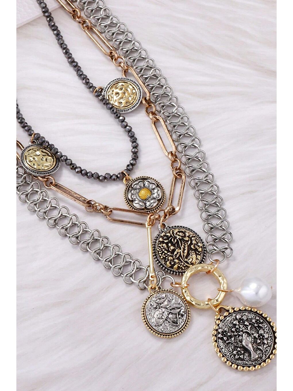 Sarı Marka Antik Gümüş 3 Sıralı Madalyon Kolye-5