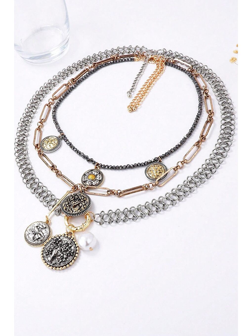 Sarı Marka Antik Gümüş 3 Sıralı Madalyon Kolye-6