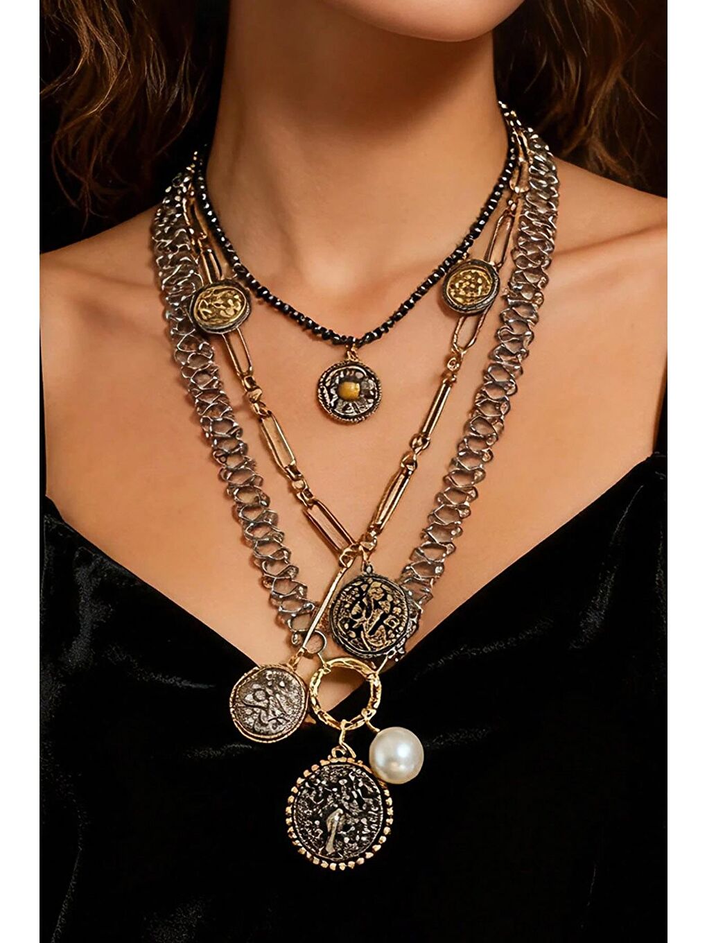 Sarı Marka Antik Gümüş 3 Sıralı Madalyon Kolye-8