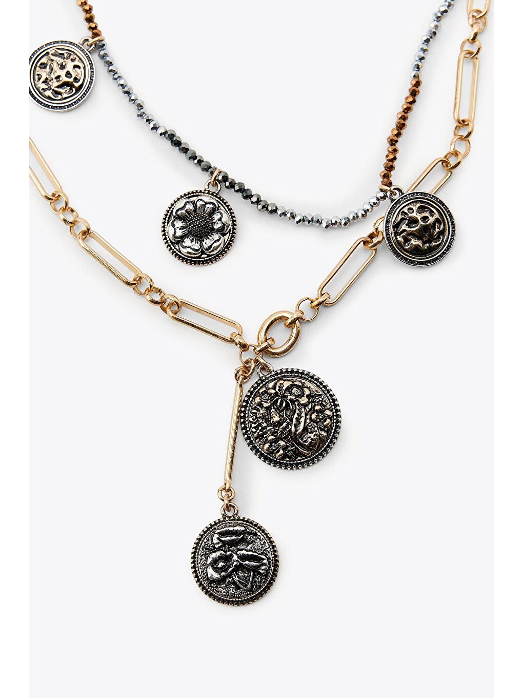 Sarı Marka Antik Gümüş 3 Sıralı Madalyon Kolye-9