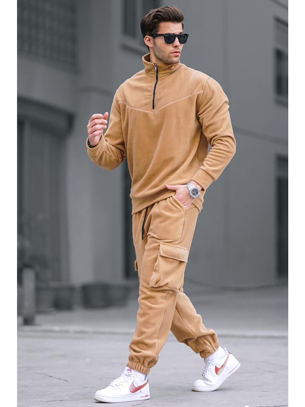 Gri Hardal Fermuar Yaka Polar Erkek Eşofman Takımı 5931-1