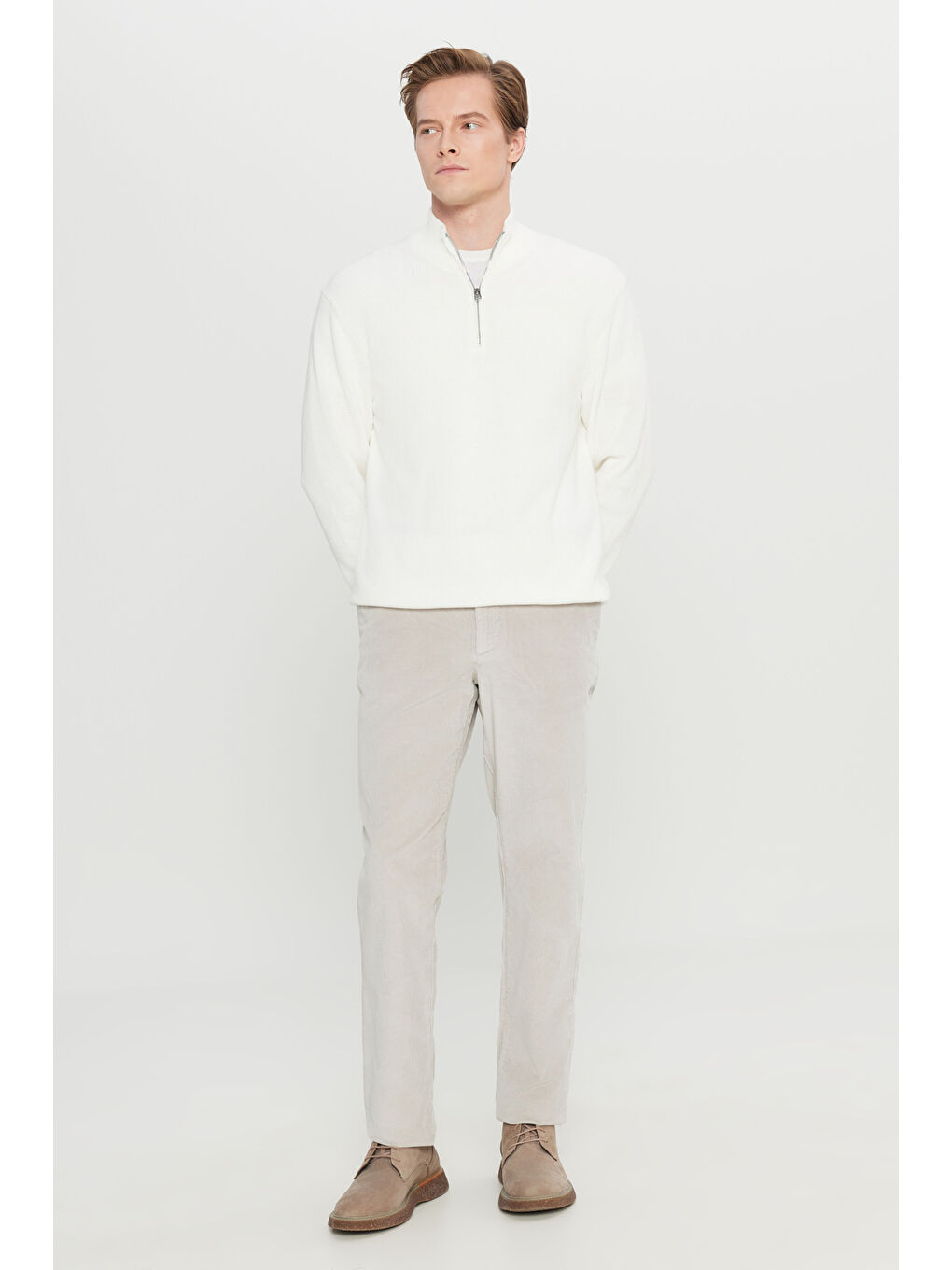 Bej Erkek Taş Pamuklu Slim Fit Dar Kesim Desenli Yan Cepli Pantolon-1