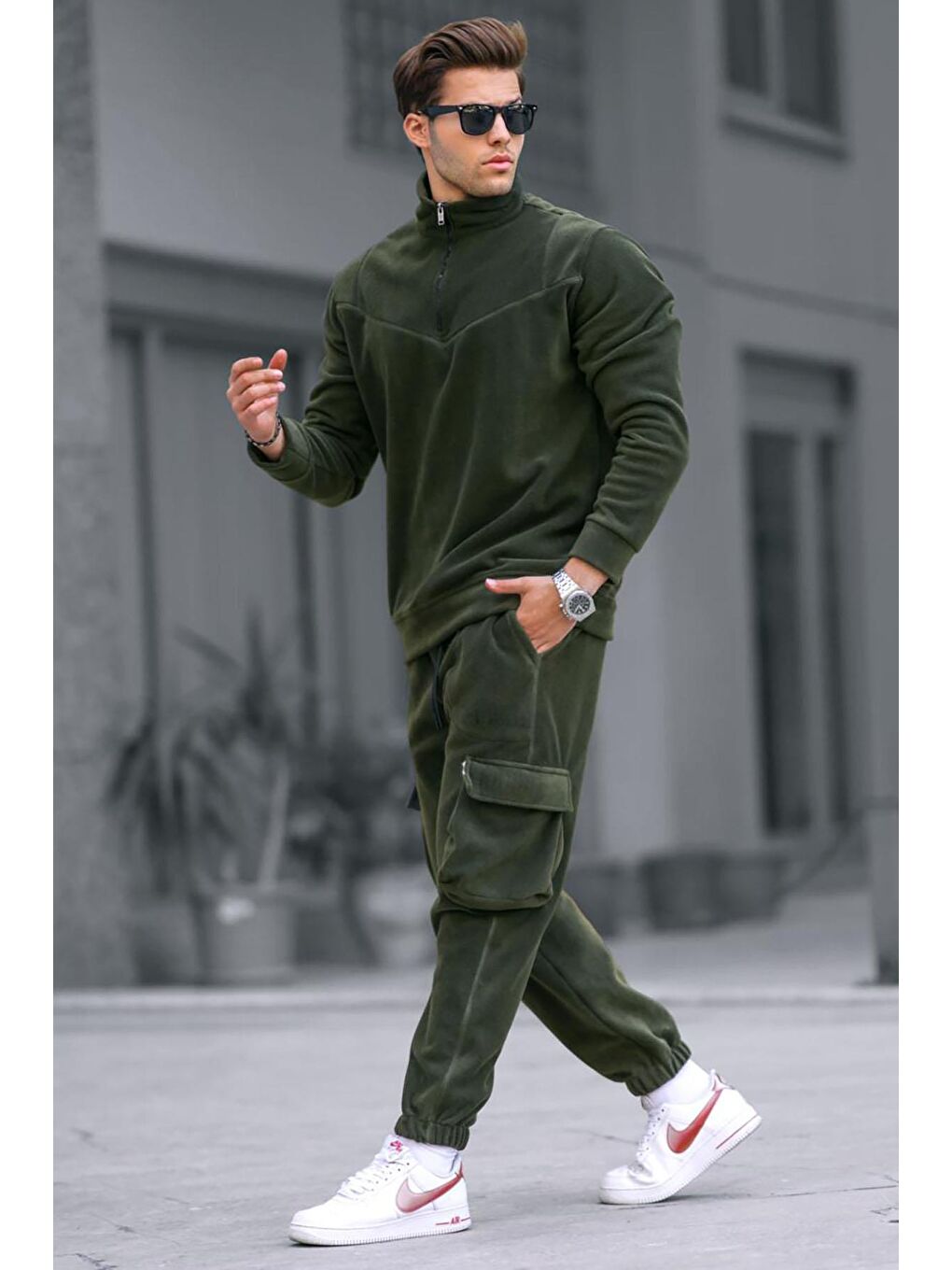 Haki Fermuar Yaka Polar Erkek Eşofman Takımı 5931