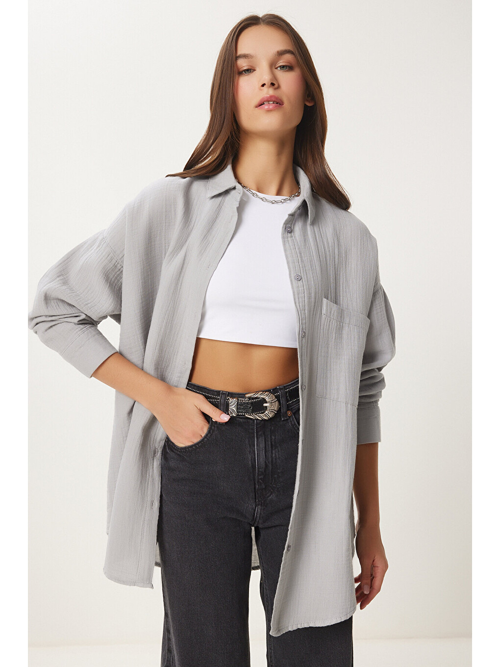 Gri Oversize Basic Müslin Gömlek GRİ LMX0002