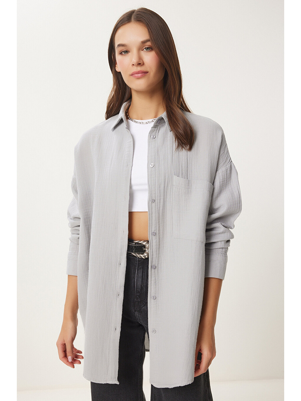 Gri Oversize Basic Müslin Gömlek GRİ LMX0002-1