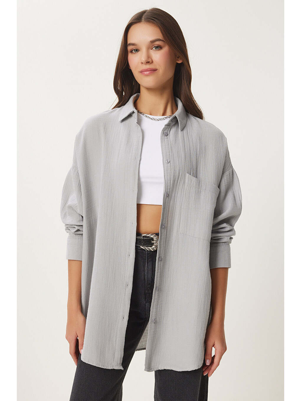 Gri Oversize Basic Müslin Gömlek GRİ LMX0002-2