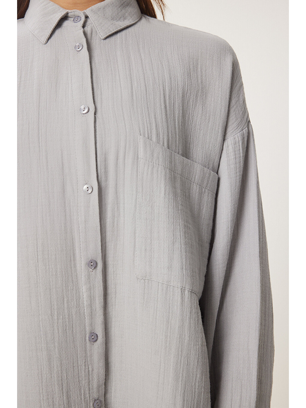 Gri Oversize Basic Müslin Gömlek GRİ LMX0002-3