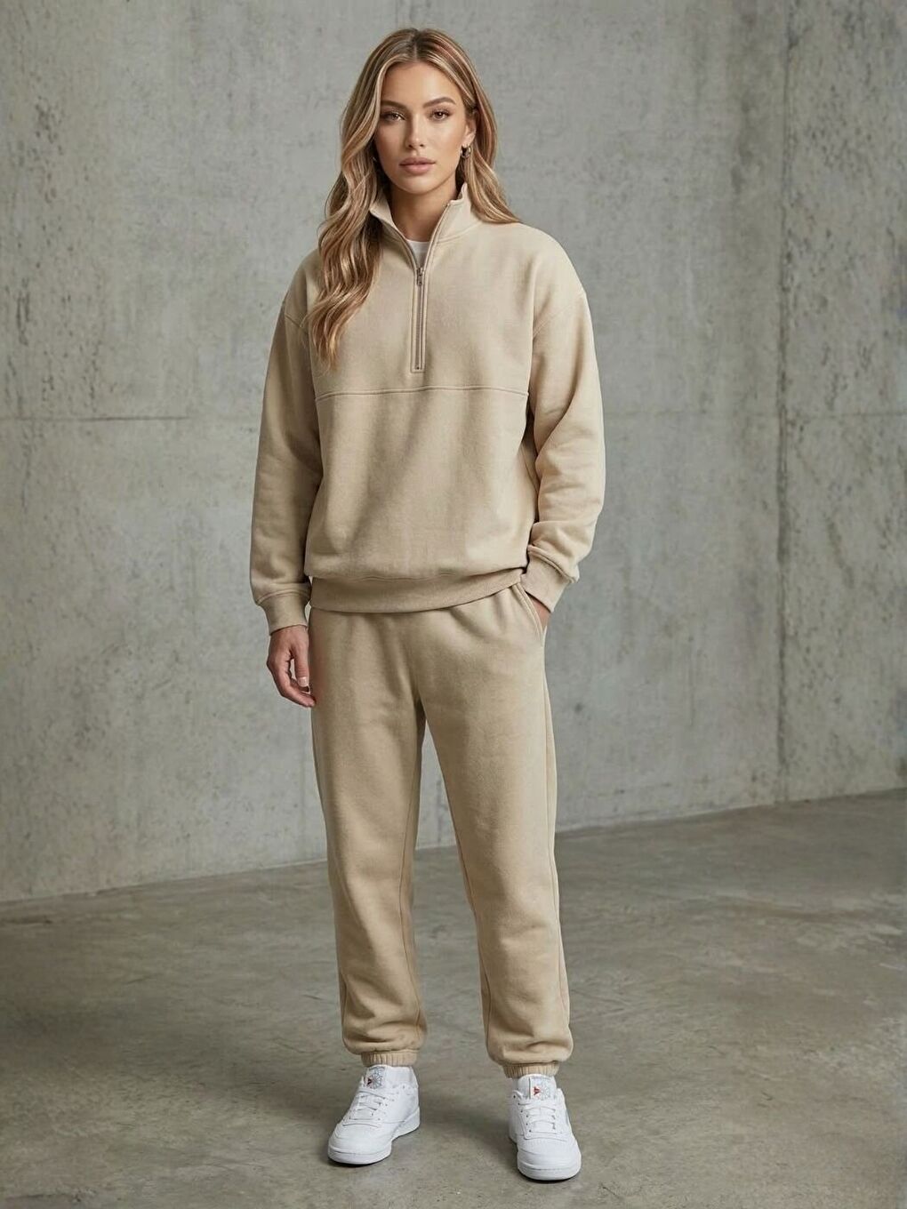 Bej Vizon Fermuar Detay Dik Yaka Alt Üst Eşofman Takım