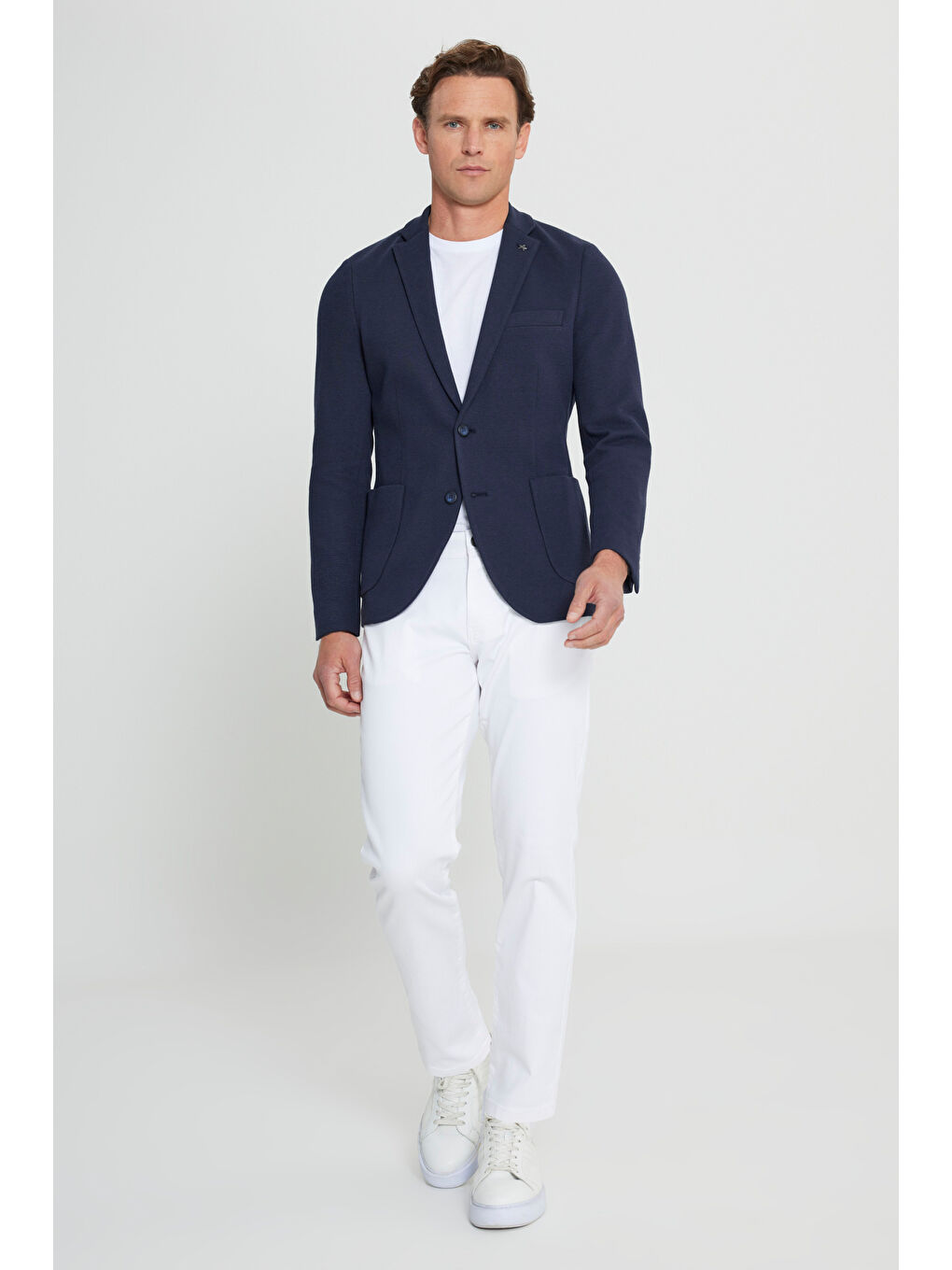 Erkek Lacivert Yünlü Slim Fit Dar Kesim Mono Yaka Torba Cepli Blazer Ceket-1