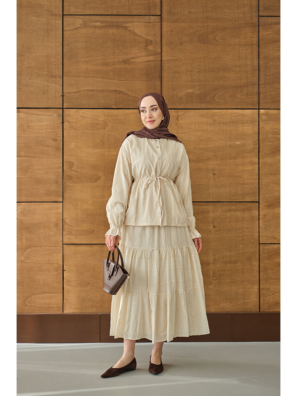 Ekru Kadın Beli Ayarlanabilir Nakış Detaylı Takım Krem