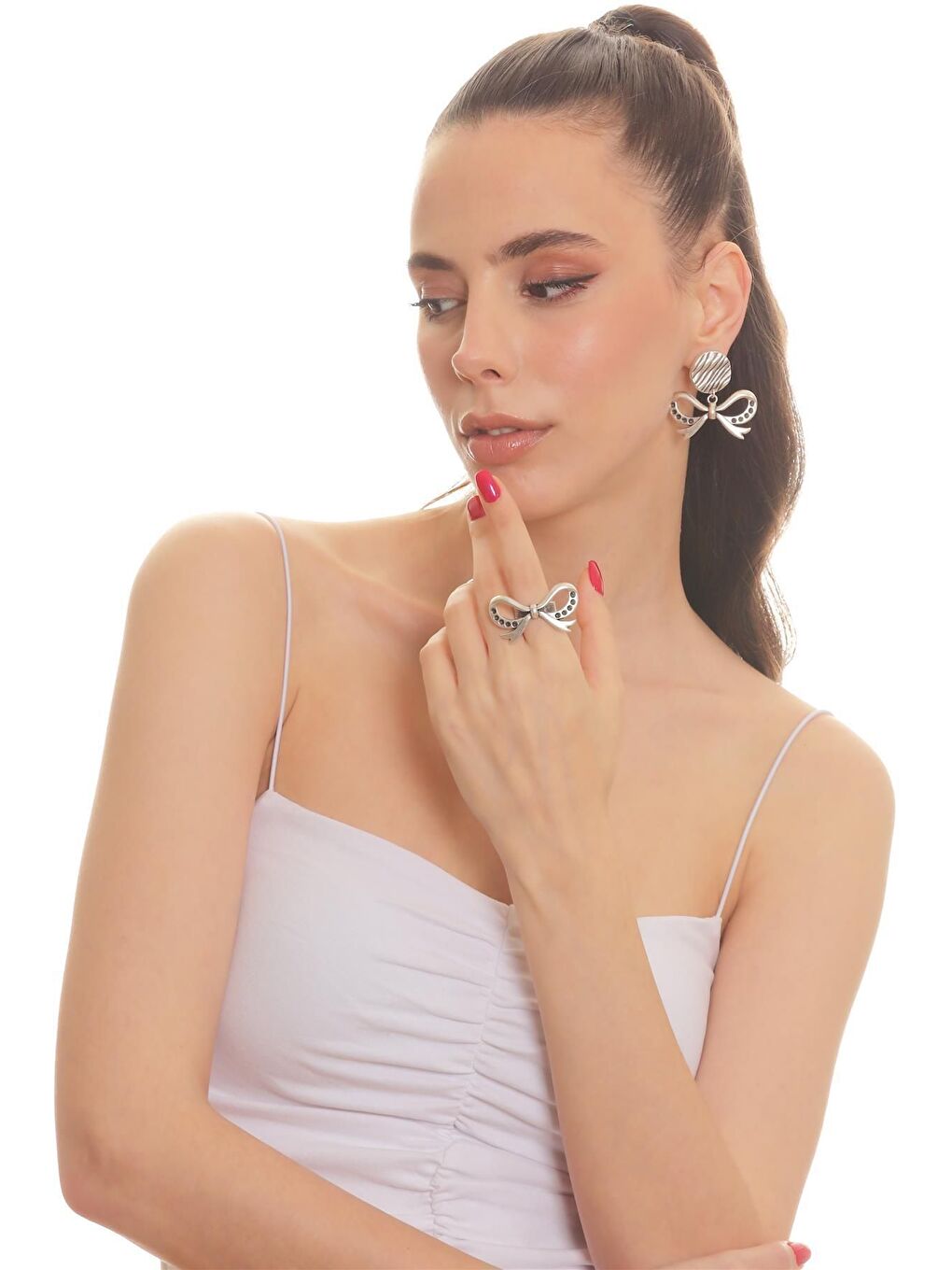 Karışık Kadın Antik Gümüş Kaplama Çivili Model Fiyonk Formlu Küpe & Yüzük Set-3