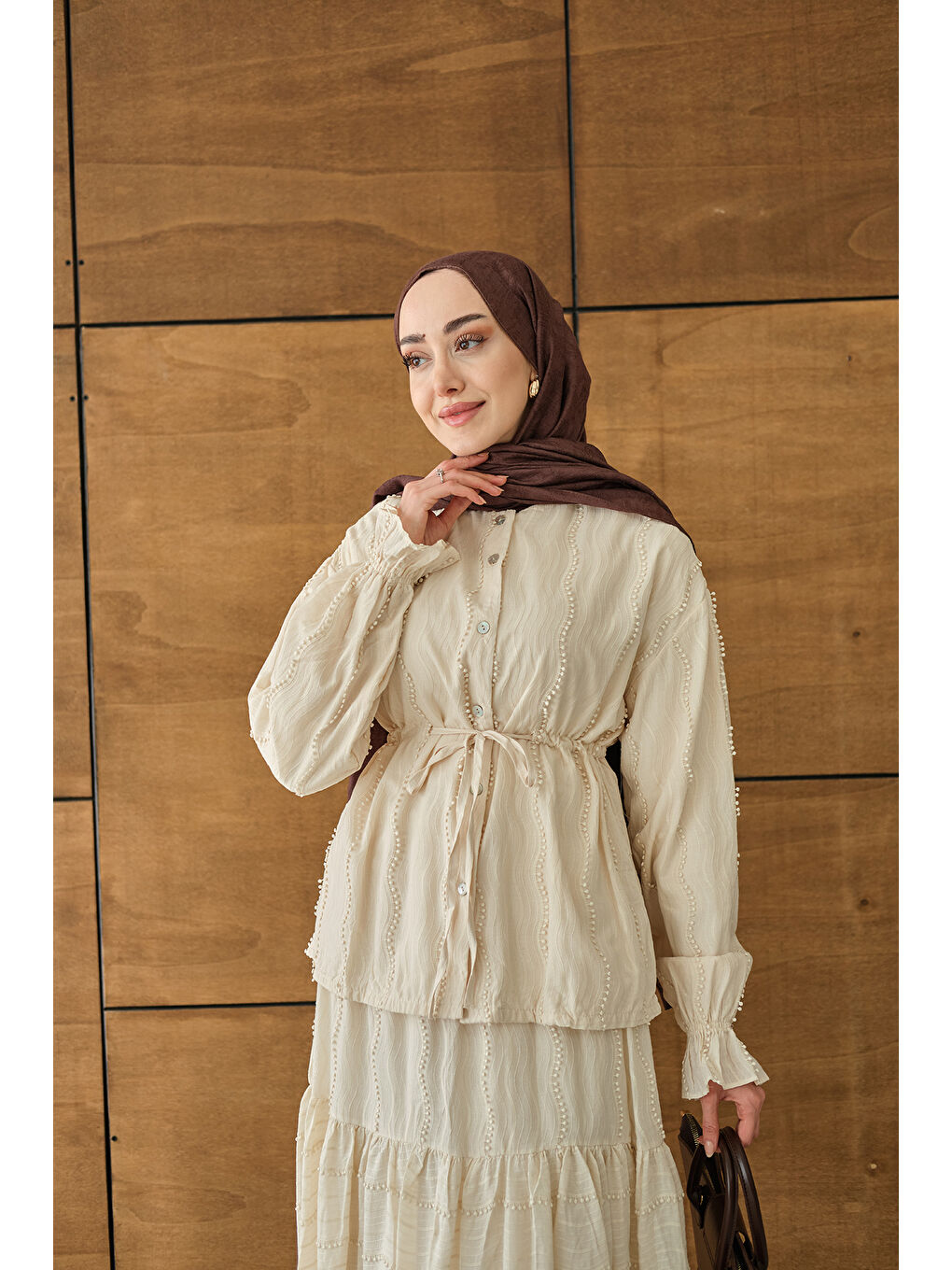 Ekru Kadın Beli Ayarlanabilir Nakış Detaylı Takım Krem-1