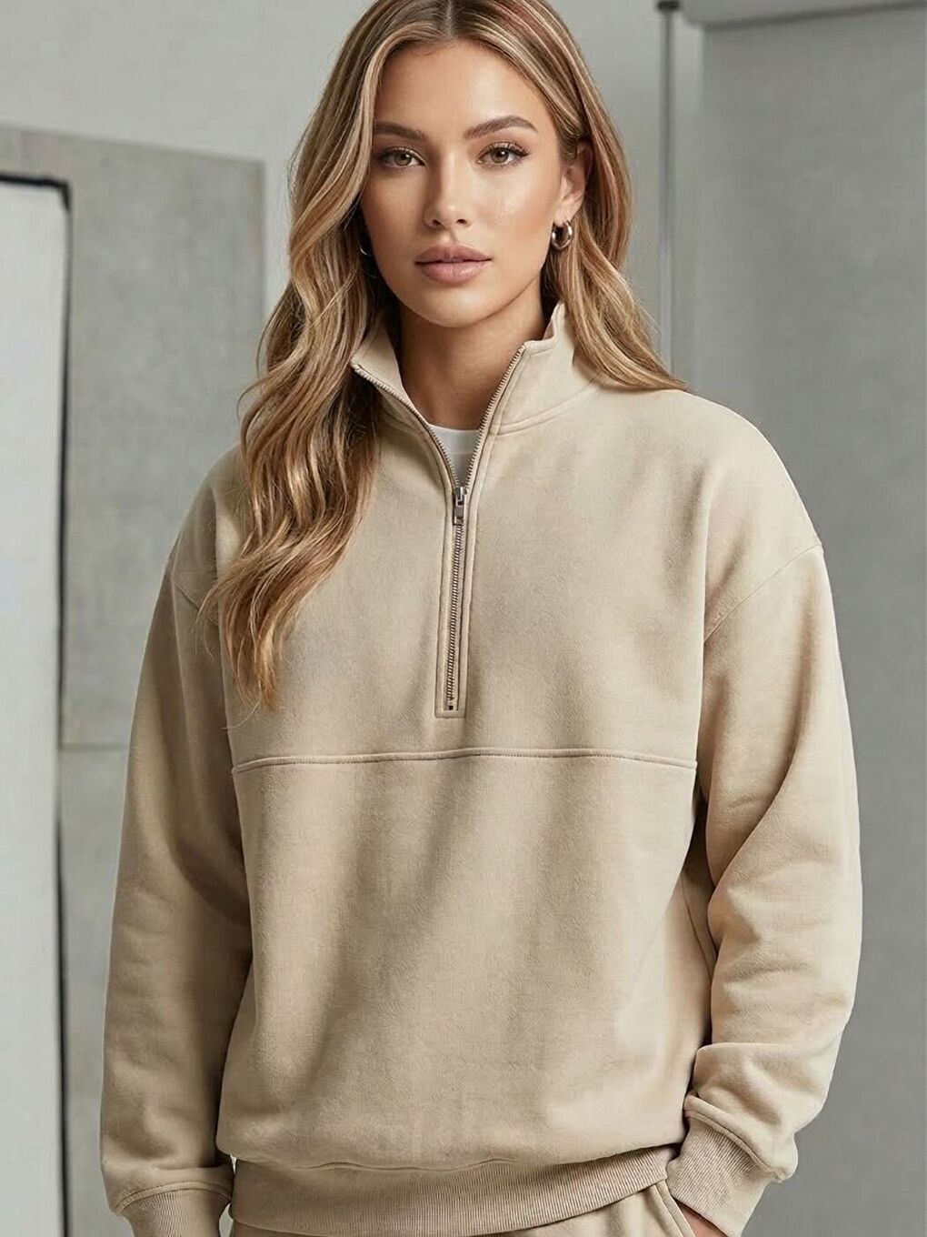 Bej Vizon Fermuar Detay Dik Yaka Alt Üst Eşofman Takım-1