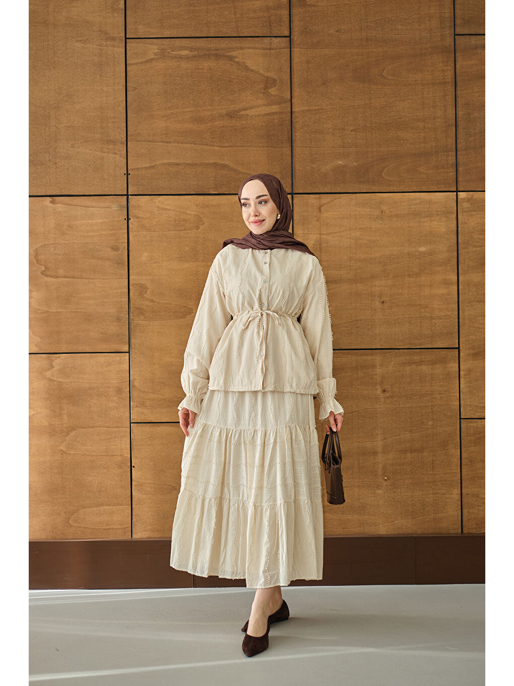 Ekru Kadın Beli Ayarlanabilir Nakış Detaylı Takım Krem-2