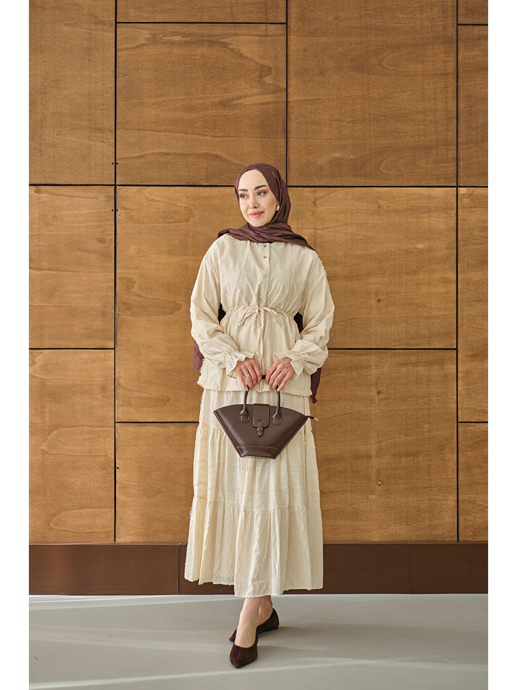 Ekru Kadın Beli Ayarlanabilir Nakış Detaylı Takım Krem-3