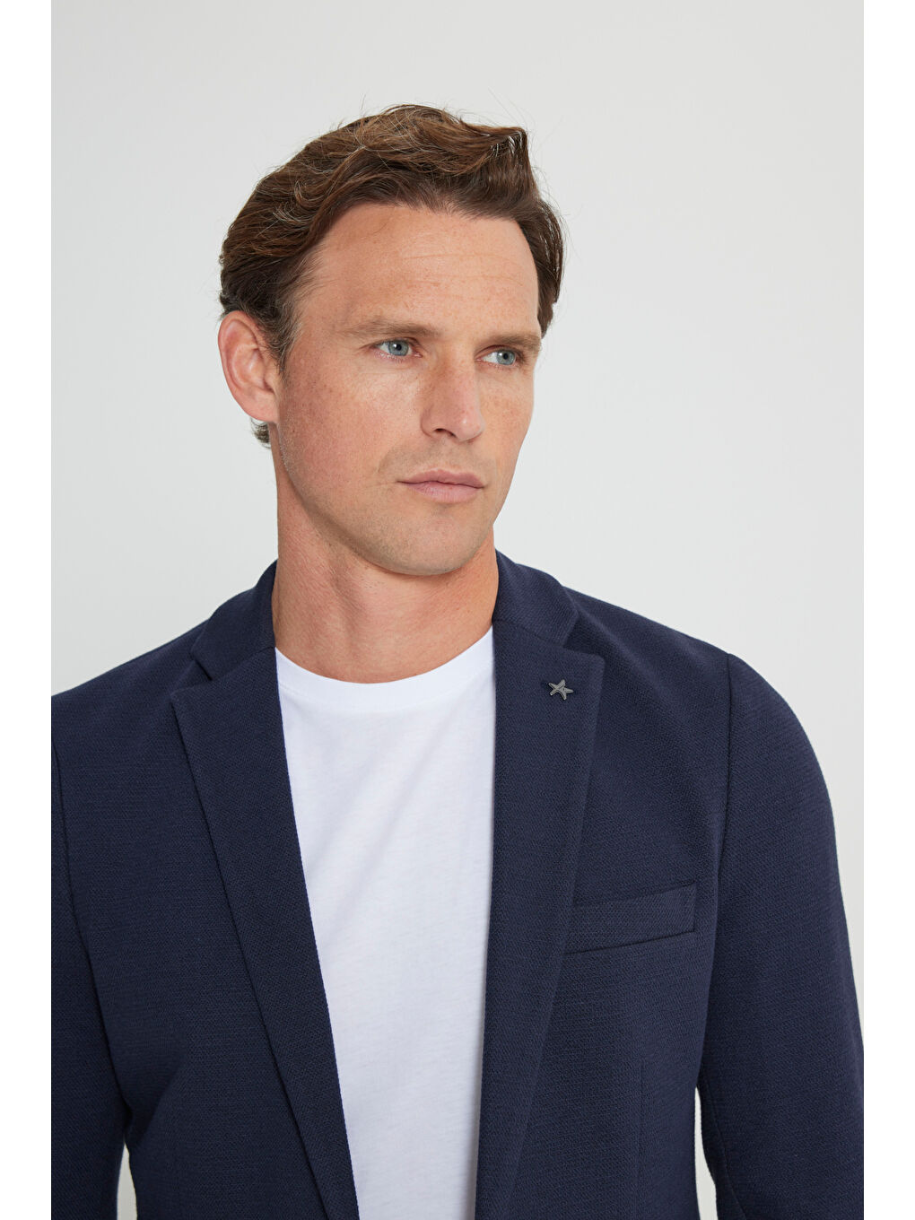 Erkek Lacivert Yünlü Slim Fit Dar Kesim Mono Yaka Torba Cepli Blazer Ceket-3