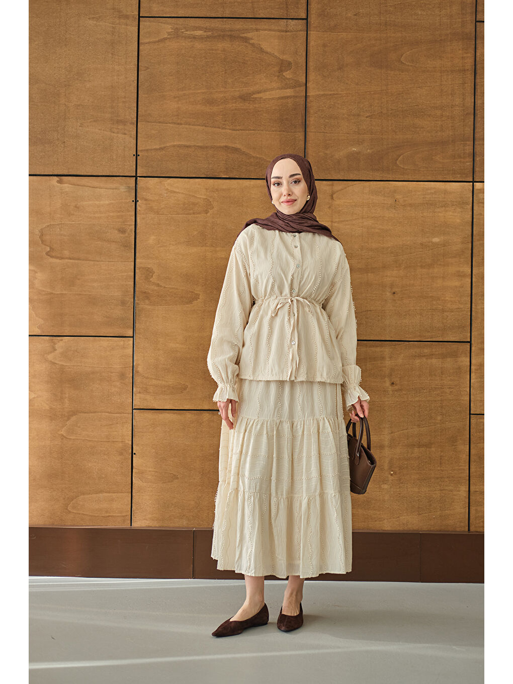 Ekru Kadın Beli Ayarlanabilir Nakış Detaylı Takım Krem-4