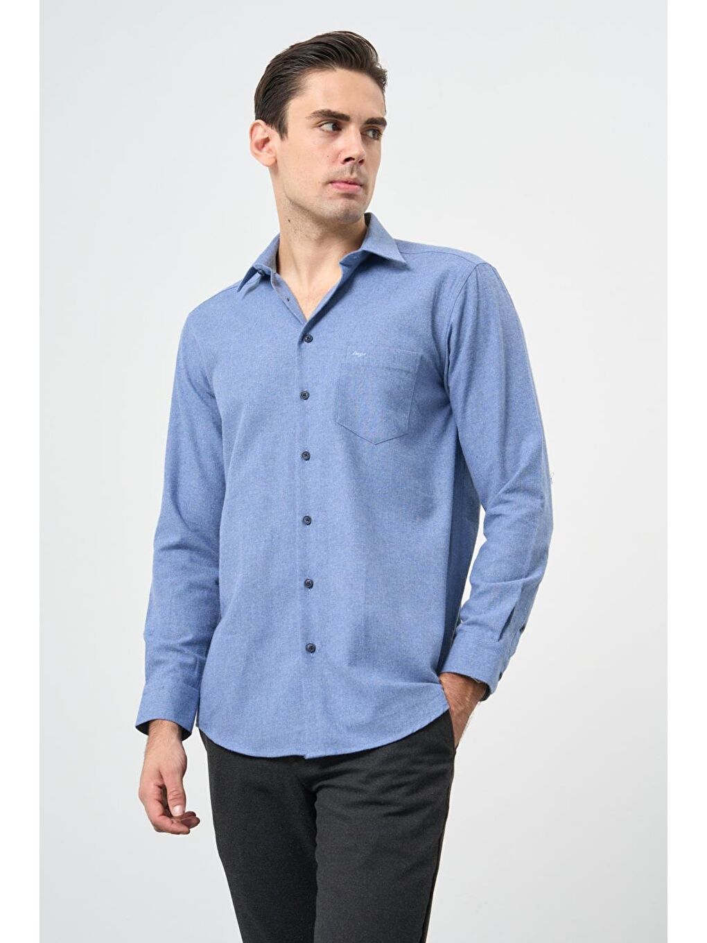 Mavi Uzun Kol Düz Gabardin Sert Yaka Cepli Pamuklu Classic Comfort Fit Gömlek 1004245168-2