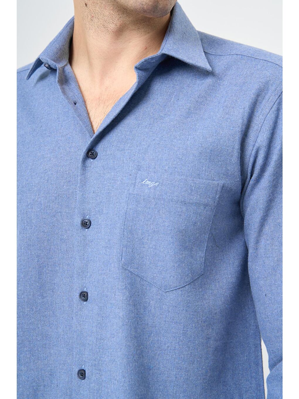 Mavi Uzun Kol Düz Gabardin Sert Yaka Cepli Pamuklu Classic Comfort Fit Gömlek 1004245168-3