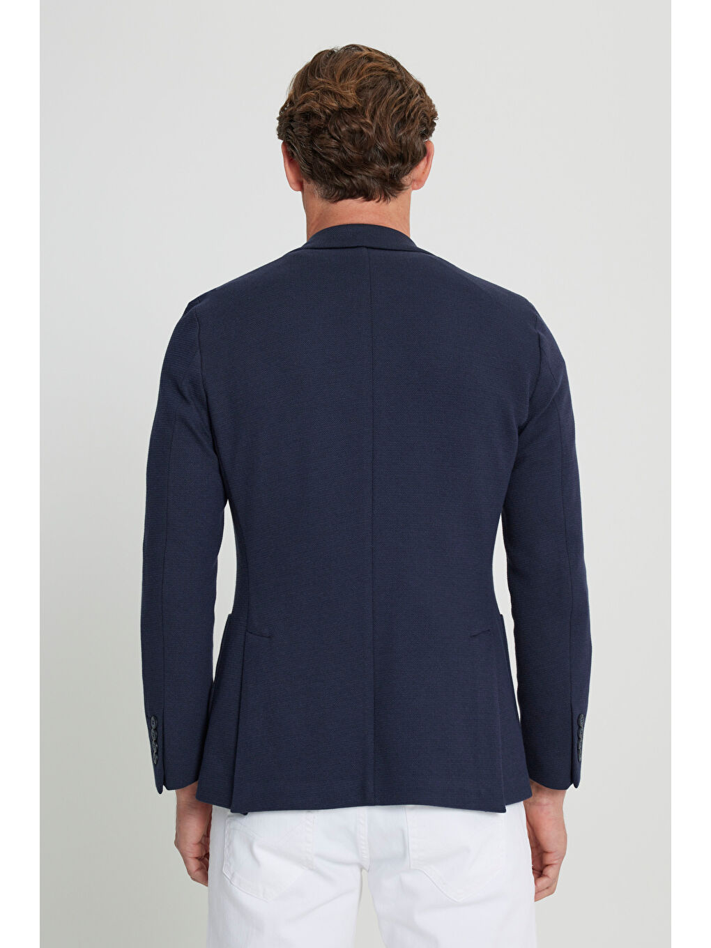 Erkek Lacivert Yünlü Slim Fit Dar Kesim Mono Yaka Torba Cepli Blazer Ceket-4