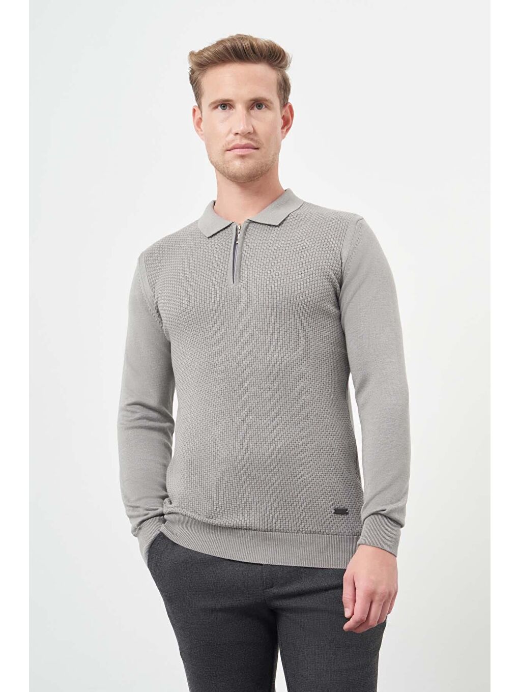 Gri Uzun Kol Kendinden Düz Örme Polo Yaka Classic Comfort Fit Triko 1012245156