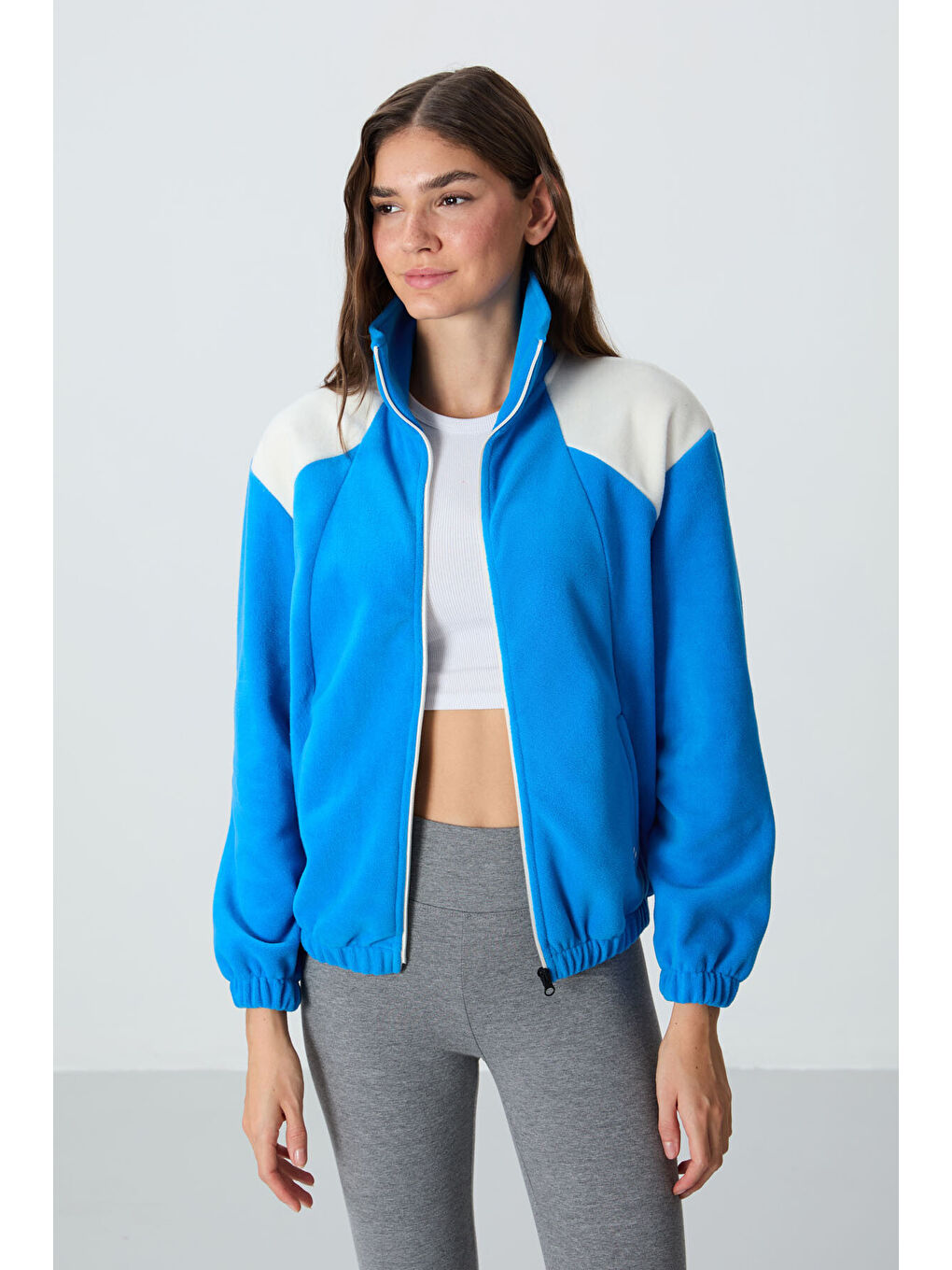 Mavi Saks Kalın Yumuşak Dokulu Dik Yaka Oversize Nakışlı Polar Kadın Sweatshirt - 97293