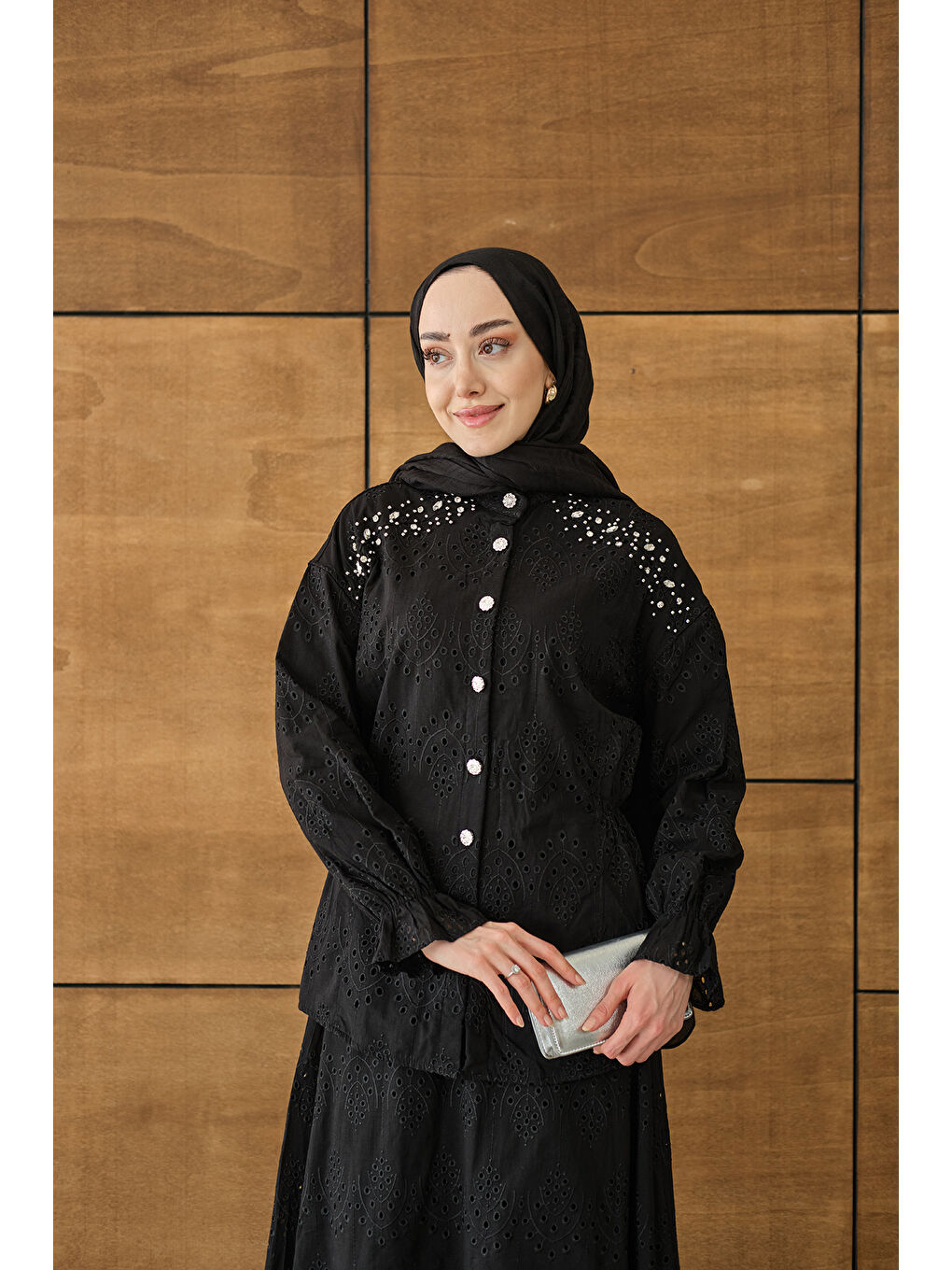 Kadın Twist işlemeli Brode Takım Siyah-1