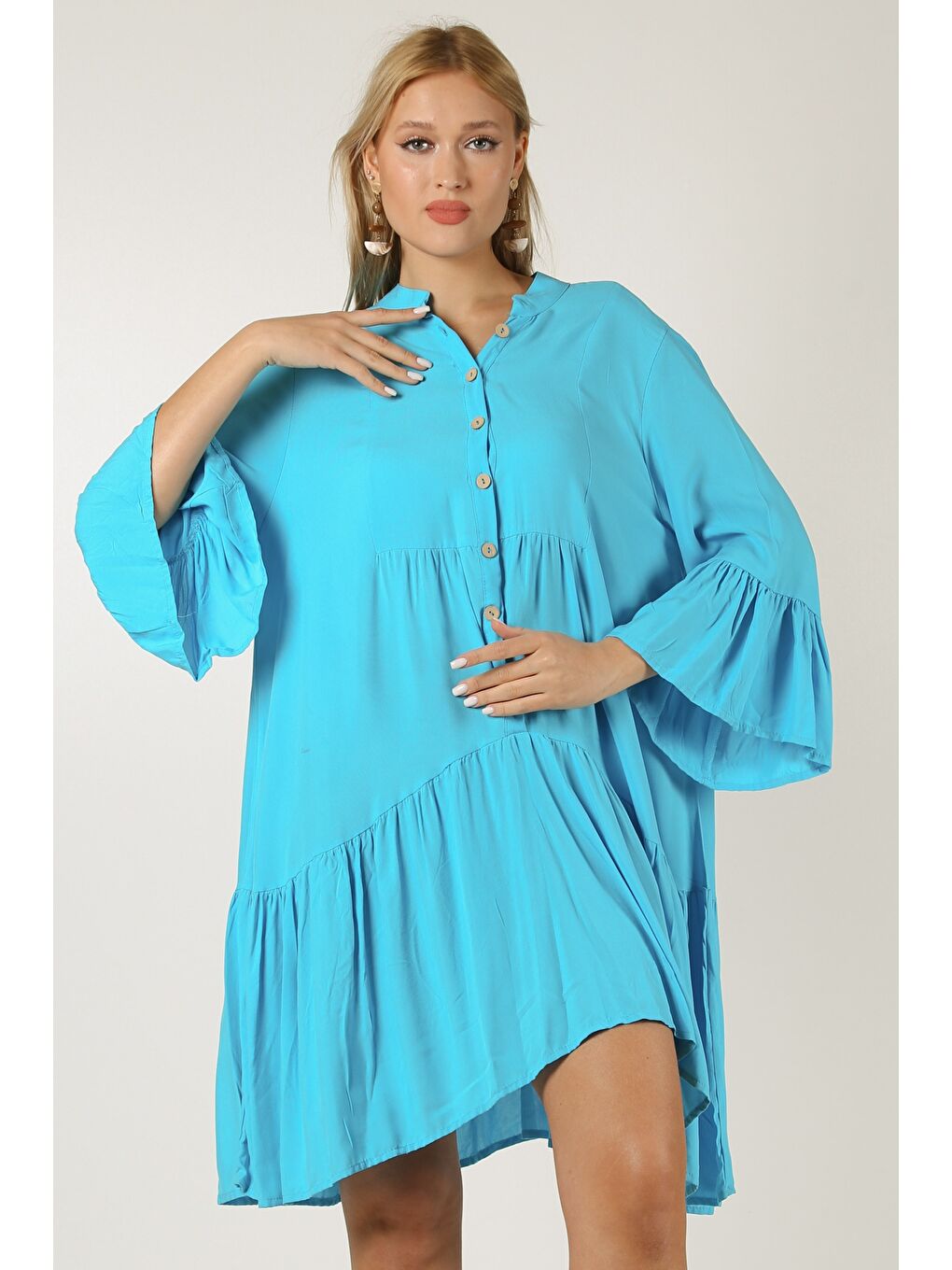 İtalyan Açık Turkuaz Hakim Yaka 3/4 Kol Düğmeli Kol Ve Etek Ucu Fırfırlı Dokuma Elbise-2
