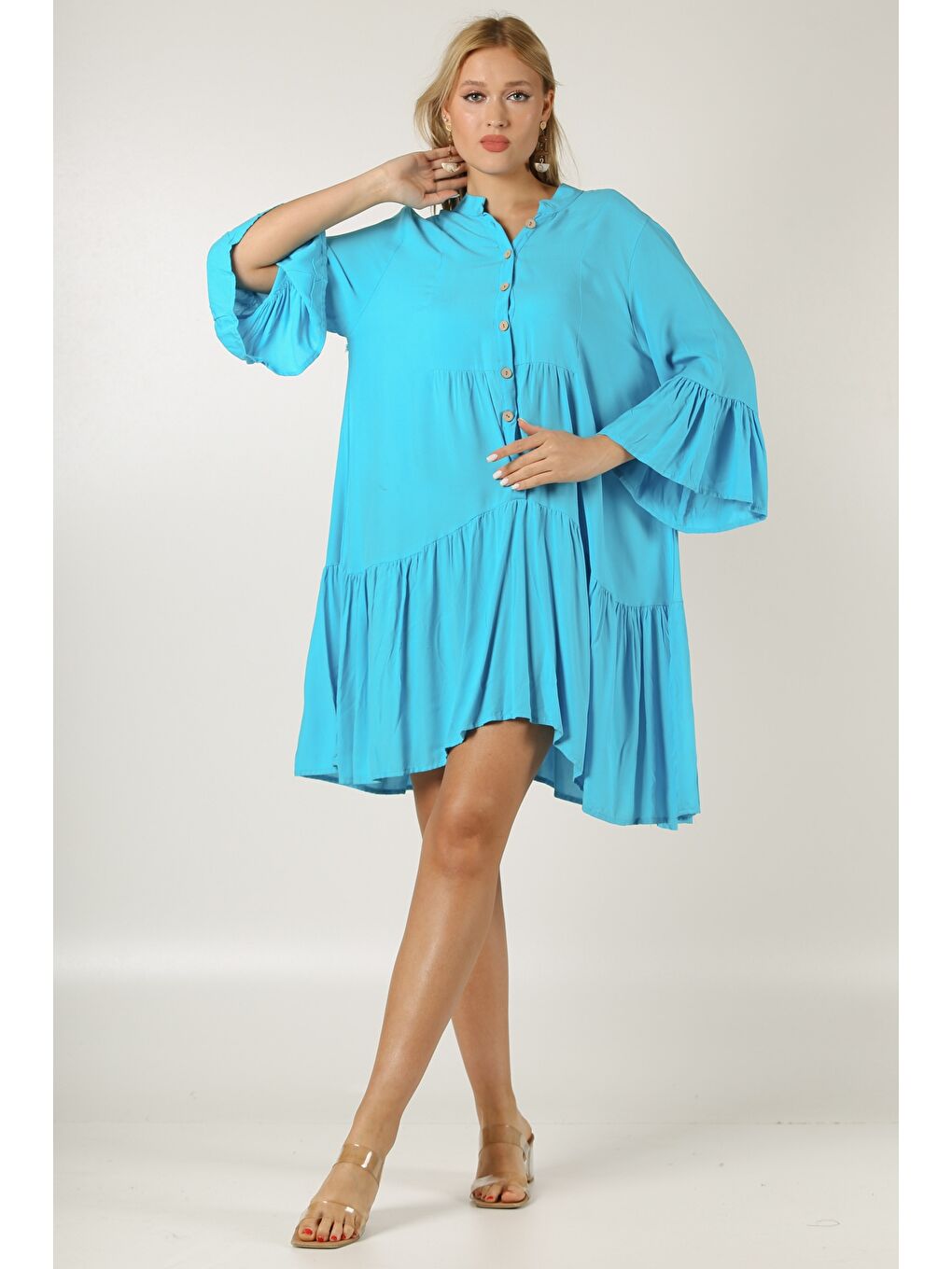 İtalyan Açık Turkuaz Hakim Yaka 3/4 Kol Düğmeli Kol Ve Etek Ucu Fırfırlı Dokuma Elbise-3